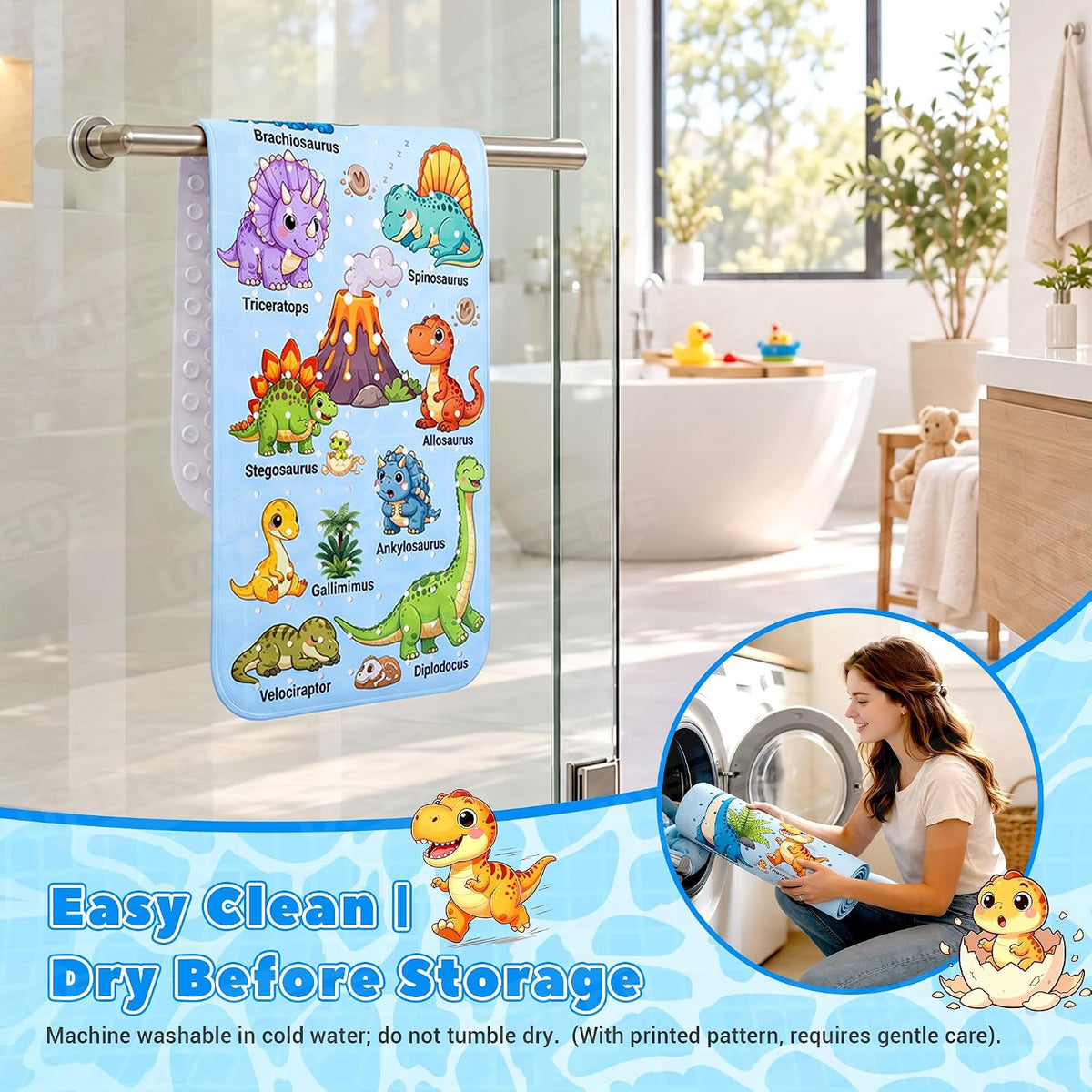 Baby Bathtub Mat Non Slip, Dinosaur Bath Mat for Tub 40"x16" 200 Suction Cups & 176 Drain Holes, Machine Washable, Quick Dry Shower Mat, Kids & Toddlers Bath Essentials, BPA Free
