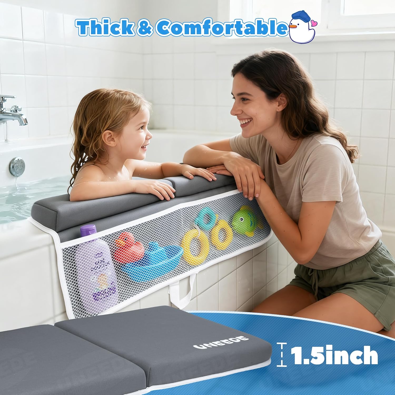 UNEEDE Baby Bath Kneeler and Elbow Rest Pad Set, 1.5” Thick Memory Foam Bath Kneeling Pad with Elbow Support, Bathtub Mat with Toy Organizer for Bathing Infant or Toddler, Grey