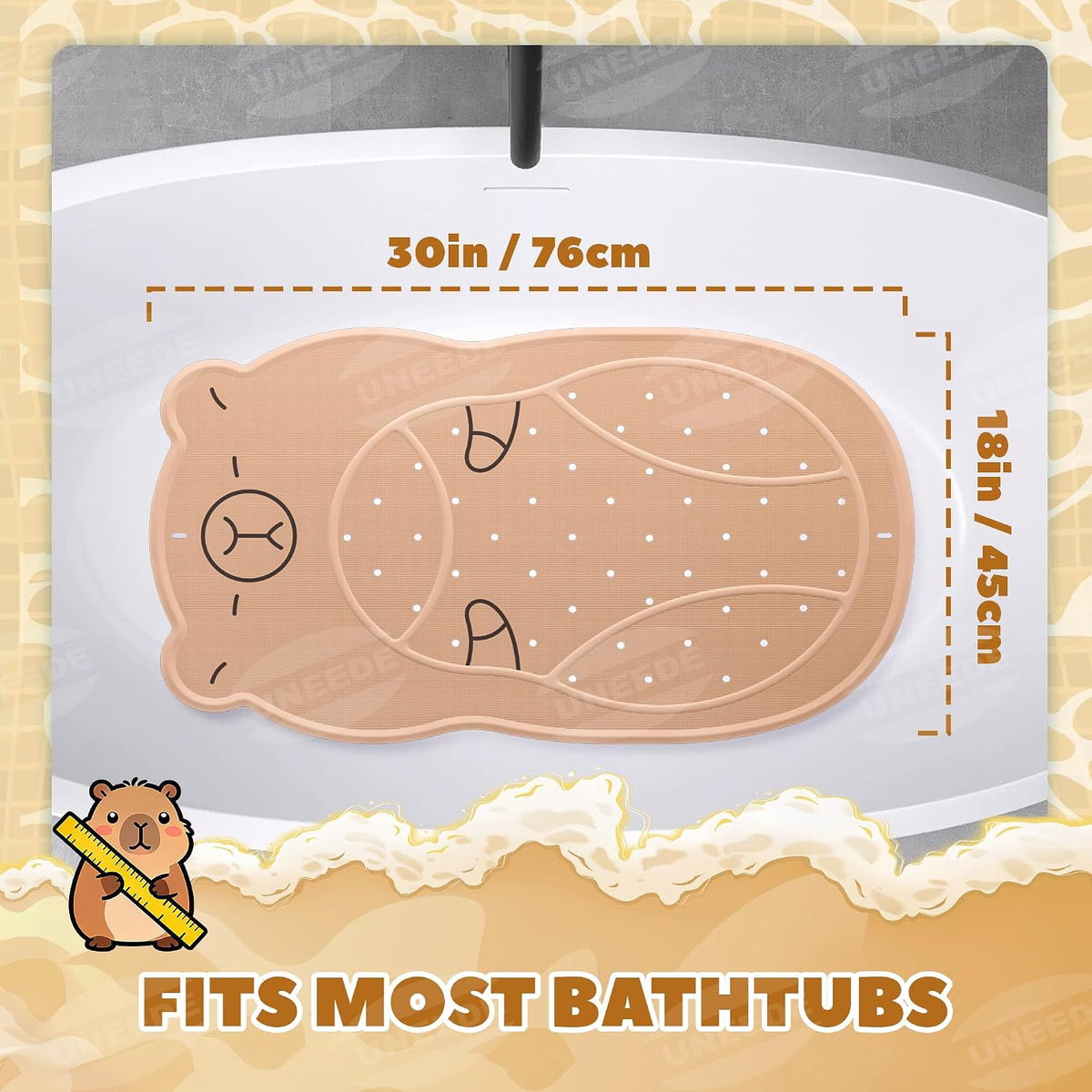 Kids Bathtub Mat Non Slip, Soft Rubber Shower Mat for Toddler Machine Washable Bath Mat with 100+ suction cups and 50+ Drainage Holes, 30"x18" Cute Capybara Design, Baby Bath Essentials
