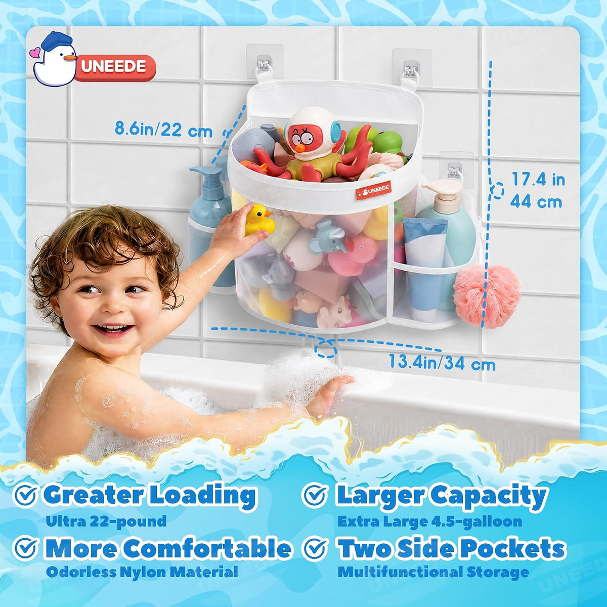 4.5 Gallons Bath Toy Storage with 2 Side Pockets, Quick-Dry Mesh Organizer Large-Opening Bath Toy Holder with Bottom Zipper for Easy Access, Space-Saving Organizer for Kids Bathtubs