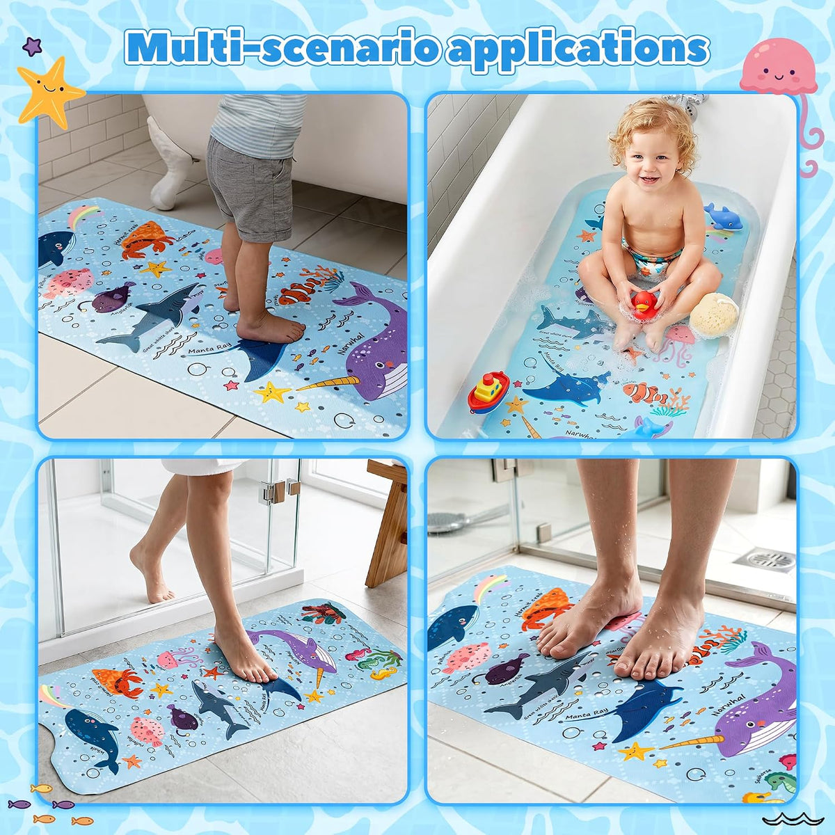 Baby Bathtub Mat Non Slip, 40''x16'' Marine Life Bath Mat for Tub 200 Suction Cups & 176 Drain Holes, Machine Washable, Quick Dry Shower Mat for Kids Bath Essentials, BPA Free, Ocean Pattern