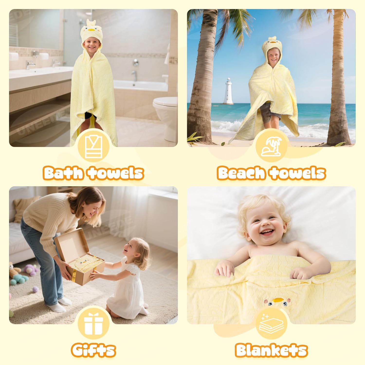 UNEEDE Yellow Duck Bath Hooded Towel for Kids,Extra Soft and Fast Drying Poncho for Toddlers Age 3-10,Kids Beach Hooded Towel Polyester Size 31 x 47 in,Machine Washable Poncho for Bath Beach Pool