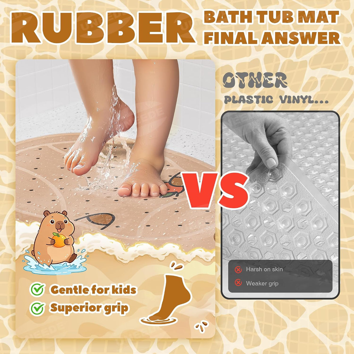 Non Slip Bathtub Mat for Kids Cute Capybara Baby Bath Mat for Tub with 100+ Suction Cups, Soft Rubber Washable Bath Mat, 30x18 Inches