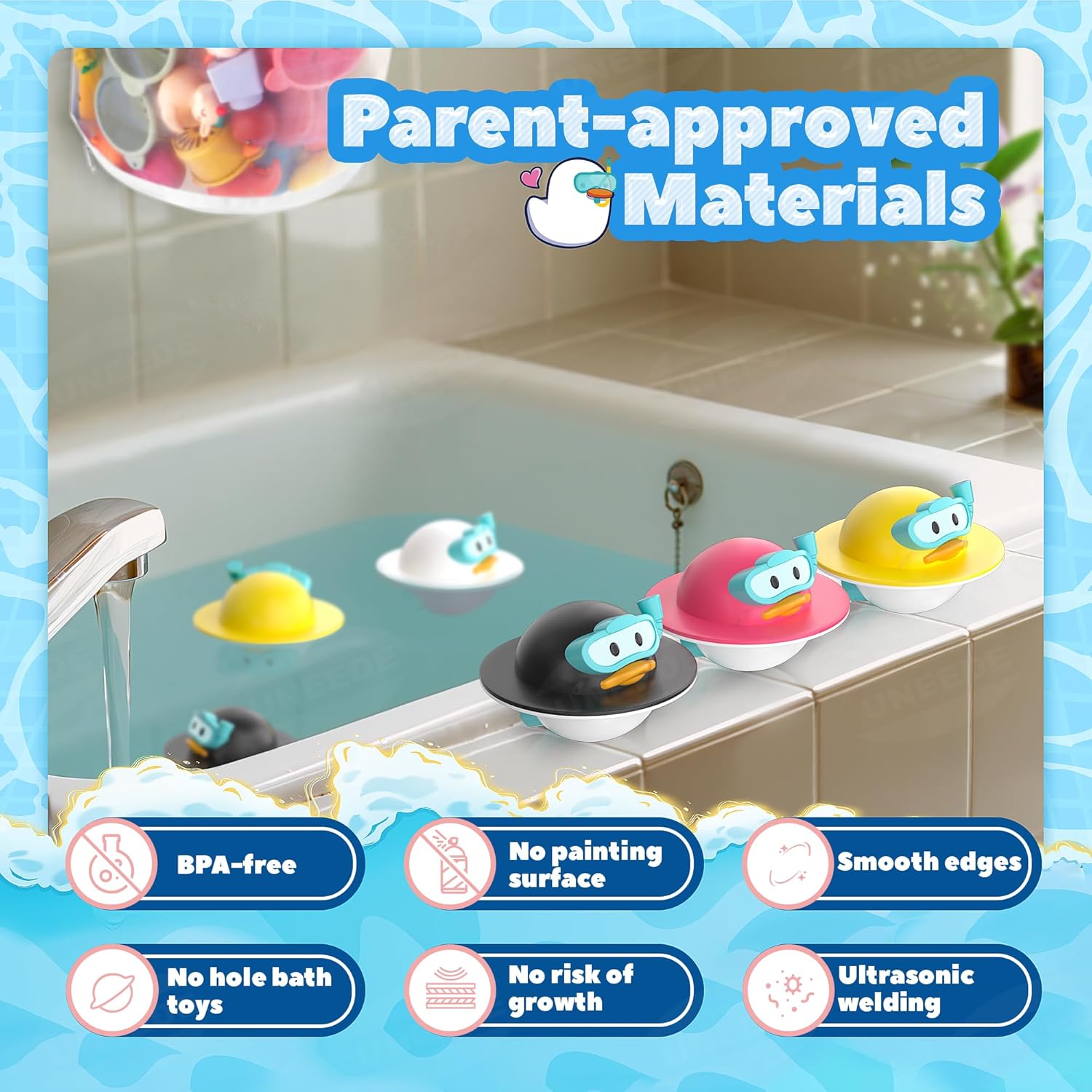 UNEEDE 6PCS Flipping Duck Toddler Mold Free Bath Toys,Pool Tool Toys,Pool Float Water Toys,Newborn Bathtub Toys Shower Toys for Toddlers