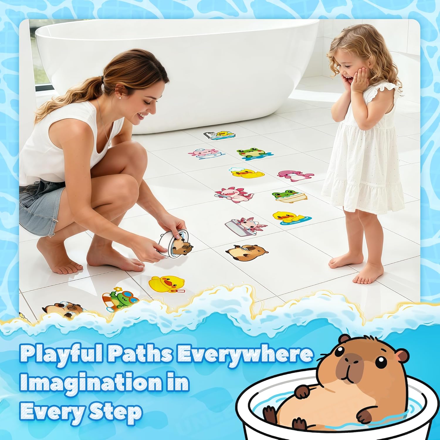 UNEEDE Bathtub Non Slip Stickers, 17-Pack Cute Axolotl, Duck, Capybara, Frog Decals, Shower Floor Non Slip Stickers, Textured Surface Anti Slip Shower Stickers, Safety Grip with Premium Scraper