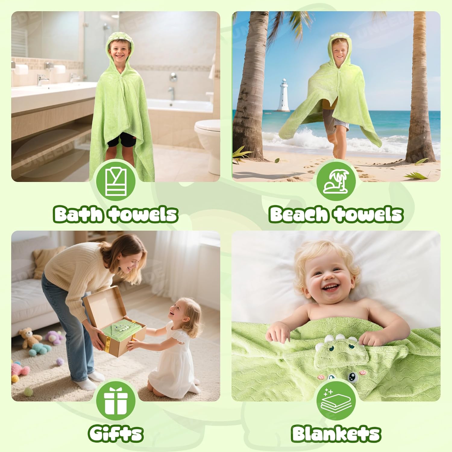 UNEEDE Green Dinosaur Bath Hooded Towel for Kids,Extra Soft and Fast Drying Poncho for Toddlers Age 3-10,Kids Beach Hooded Towel Polyester Size 31 x 47 in,Machine Washable Poncho for Bath Beach Pool