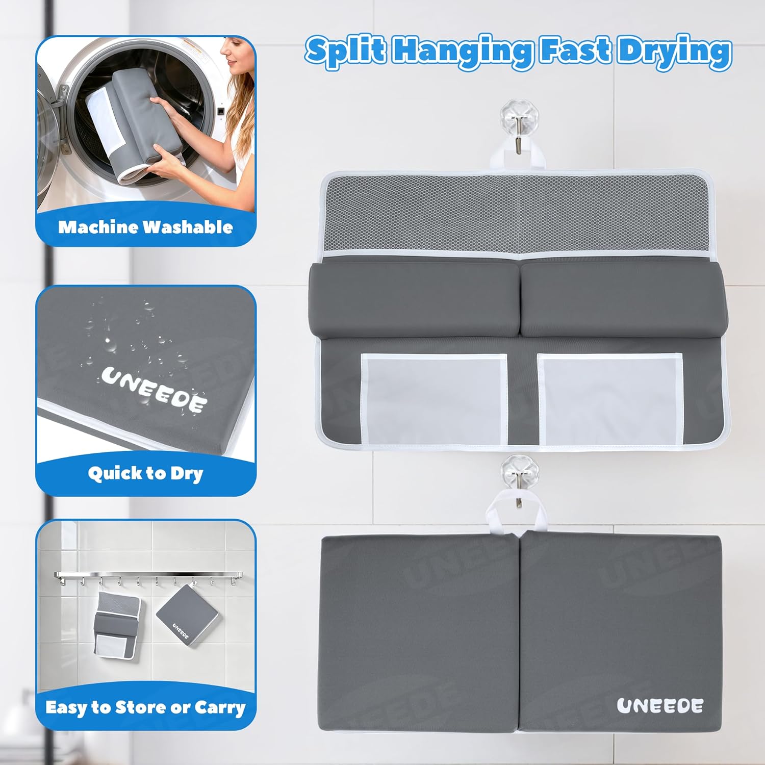 UNEEDE Baby Bath Kneeler and Elbow Rest Pad Set, 1.5” Thick Memory Foam Bath Kneeling Pad with Elbow Support, Bathtub Mat with Toy Organizer for Bathing Infant or Toddler, Grey