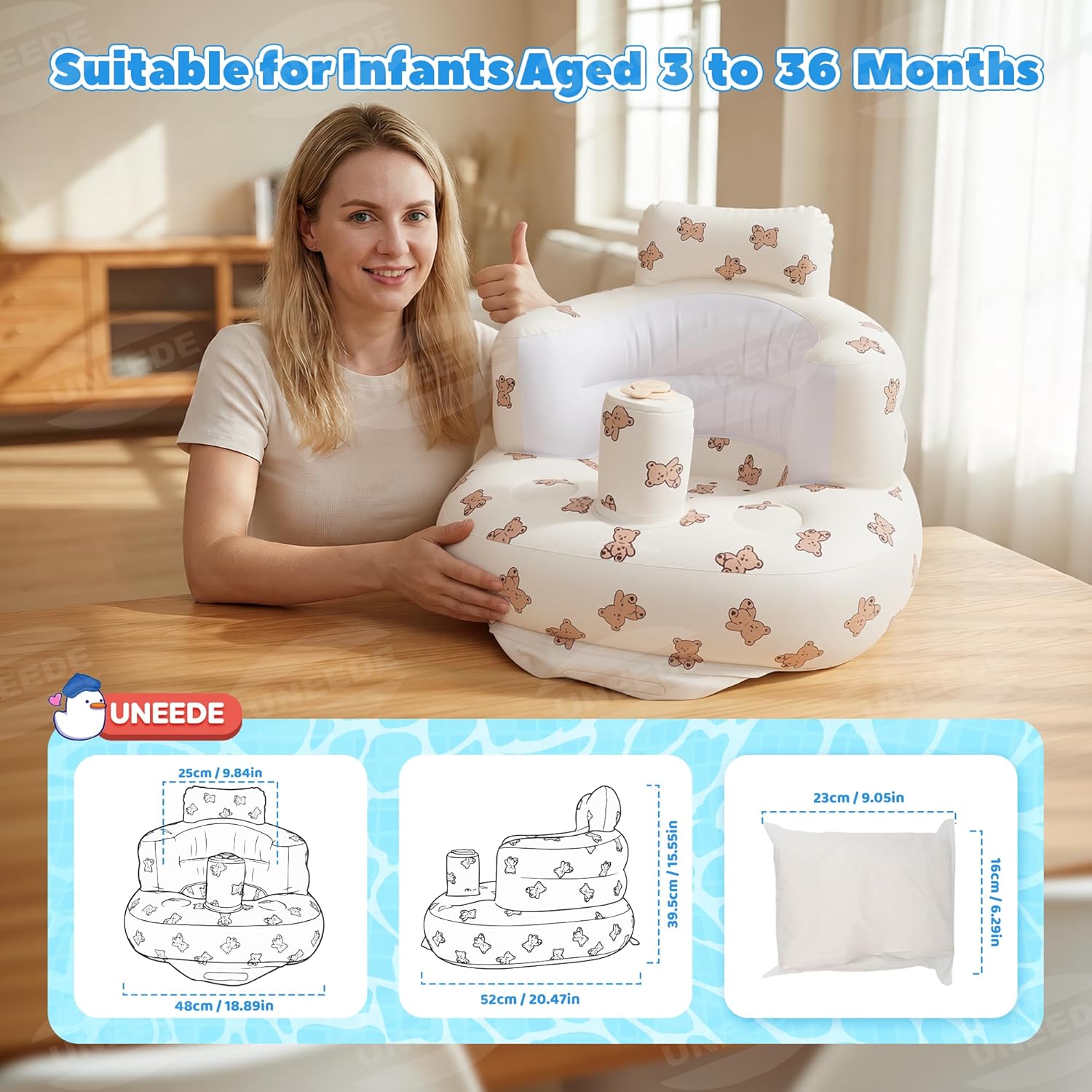 UNEEDE Inflatable Baby Seat for 3 Months & Up, Infant Floor Chair for Sitting Up with Built in Air Pump, Lightweight Travel Baby Bath Seat for Home, Camping, Beach & Outdoor