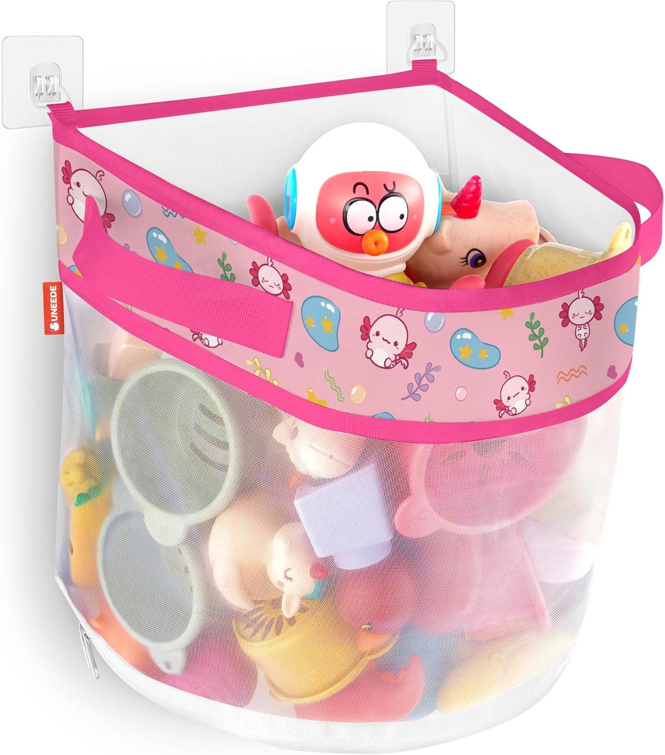 UNEEDE Axolotl Print Bath Tub Toy Storage,4.15 Gallons Bathtub Toy Storage Organizer,Bath Toy Holder for Bathtub Organizer and Storage,Quick Dry Bath Toy Organizer,Mesh Shower Caddy,Pink Axolotl Sutff