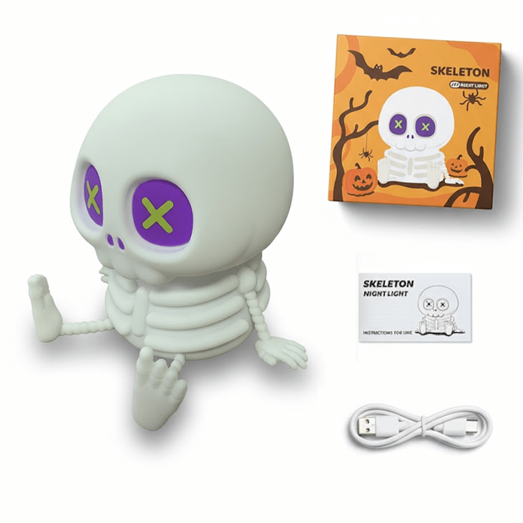 UNEEDE Squishy Skeleton Night Light, Super Cute Skull Silicone Lamp, Funny Ghostly Friend Lamp, Stress-Relief Silicone Body, USB Rechargeable