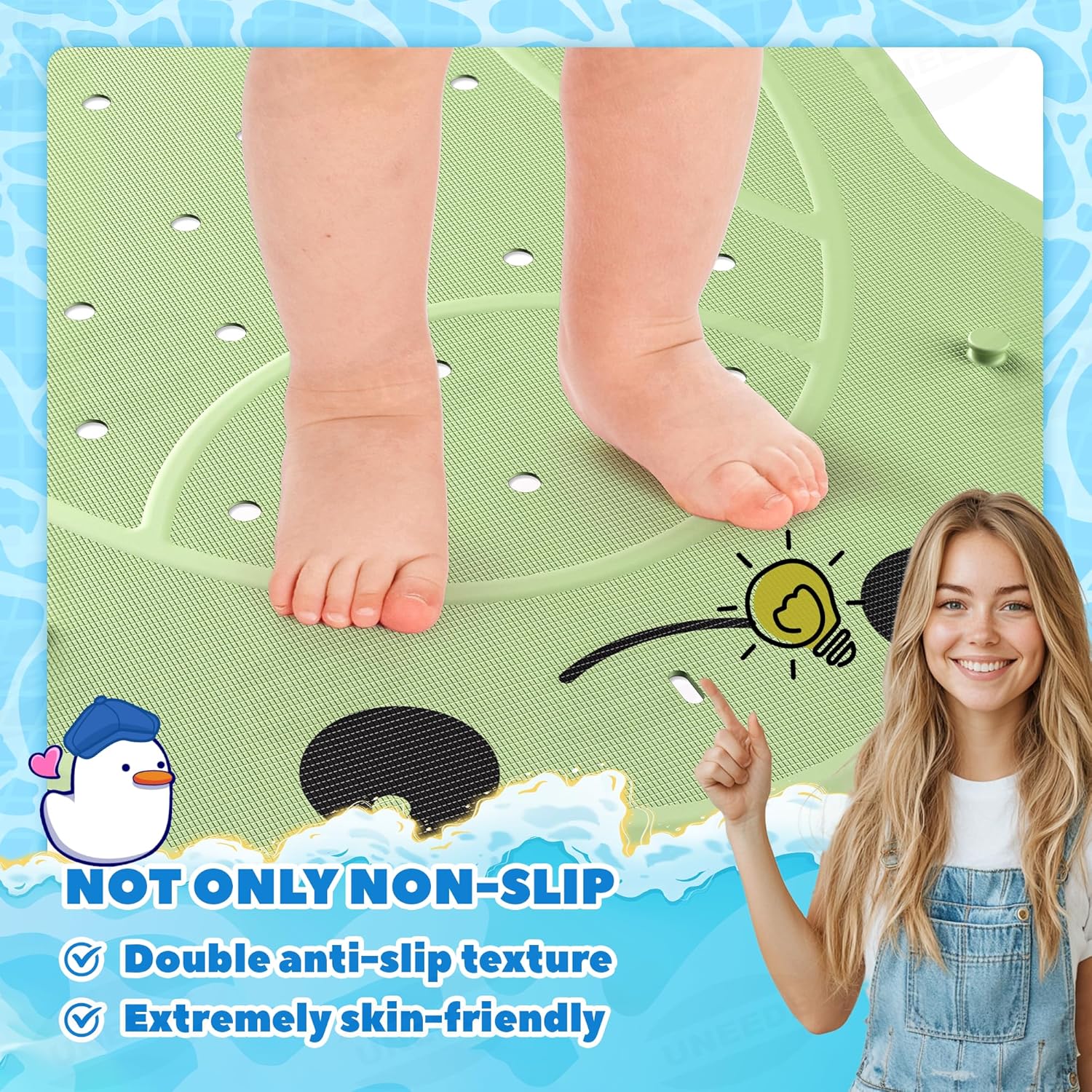 UNEEDE Green Frog Kids Bathtub Mat Non Slip Shower Mat for Toddlers, Washable Anti Slip Tub Surface, Soft Rubber Mat for Bathtub Shower, Waterproof Bathtub Essentials for Children