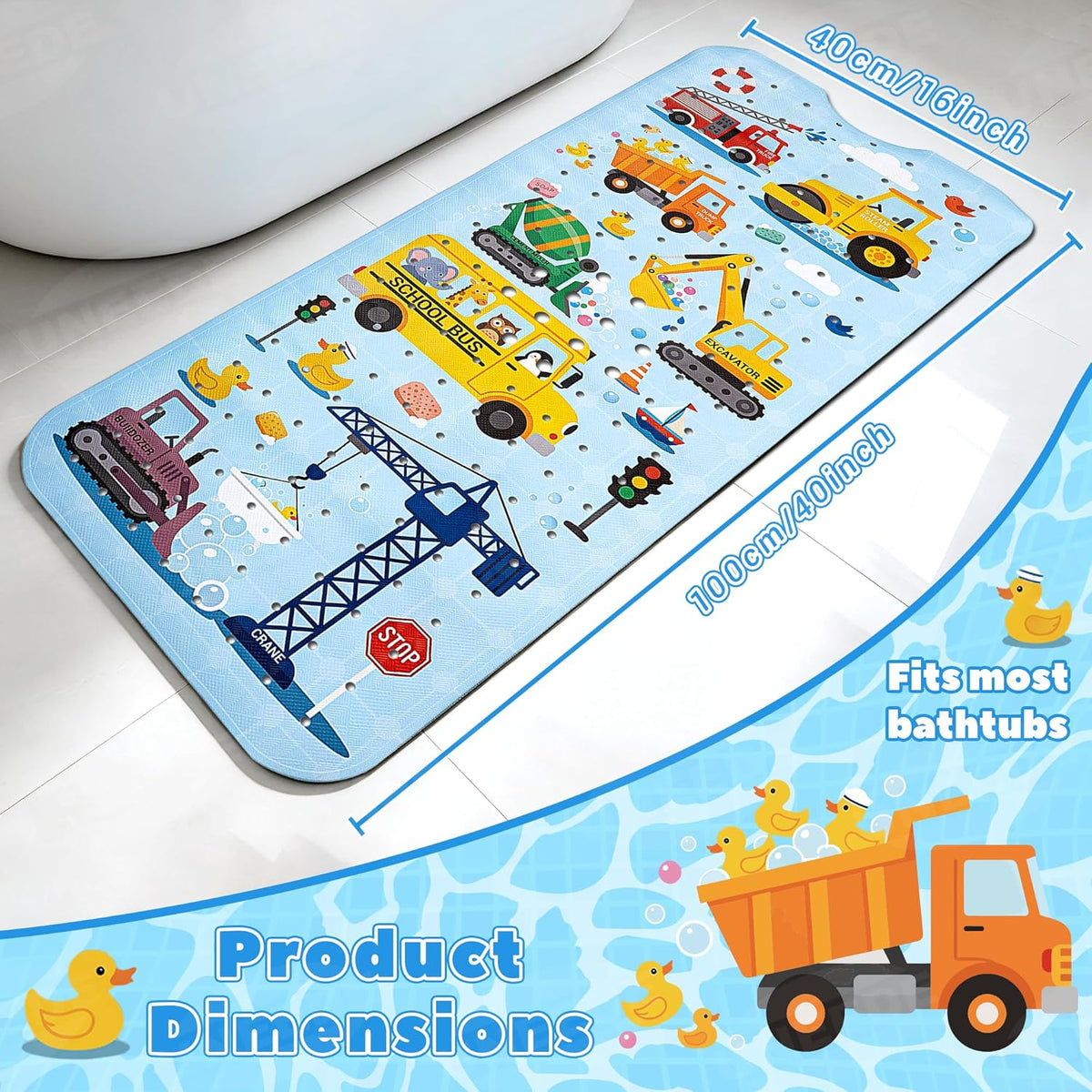 Baby Bathtub Mat Non Slip, 40x16'' Excavator Design Bath Mat for Tub 200 Suction Cups & 176 Drain Holes, Machine Washable, Quick Dry Shower Mat for Kids Bath Essentials, BPA Free
