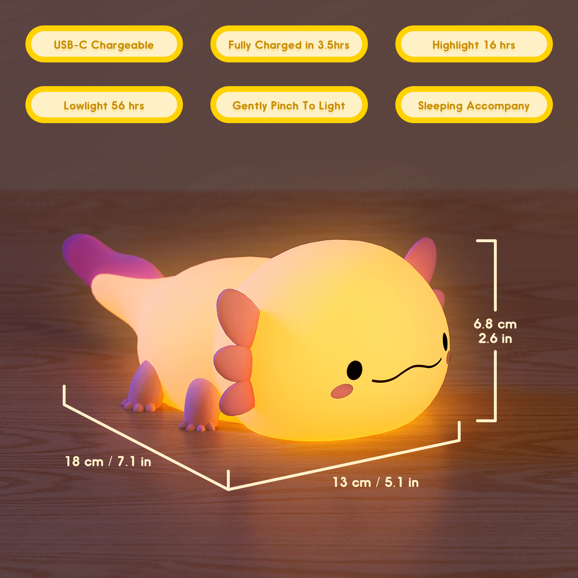 UNEEDE Cute Axolotl Night Light,Axolotl Light,Animal Silicone Nursery Night Lamp,Touch Control Nightlights,USB Rechargeable