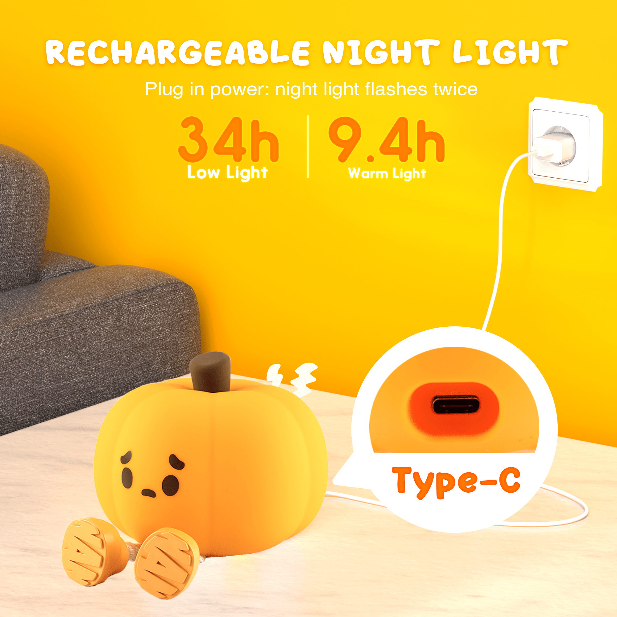 UNEEDE LED Cute Pumpkins Night Light, Cute Halloween Silicone Nursery Night Light Rechargeable Table Lamp Bedside Lamp with Touch Sensor for Bedrooms, Living Room