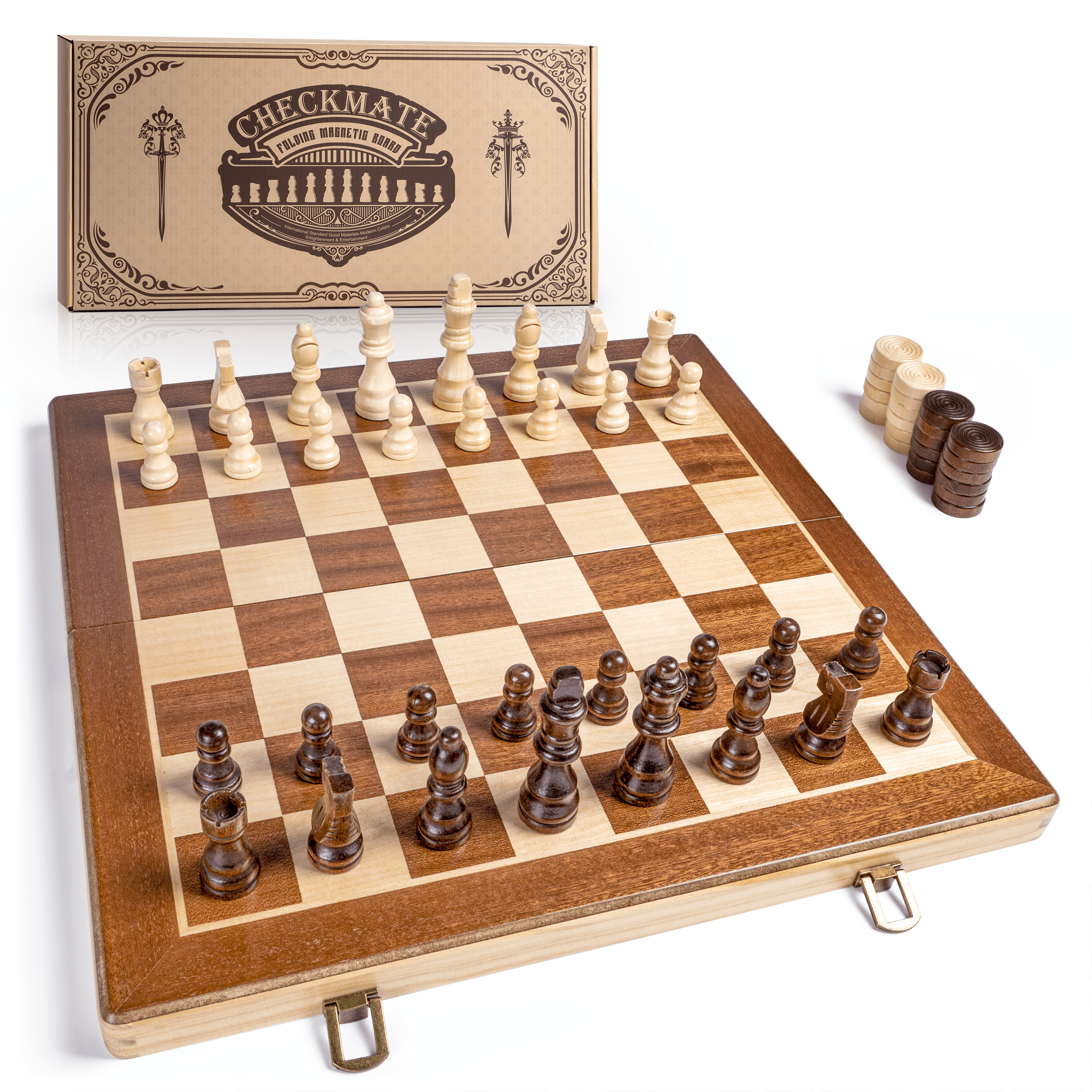 Portable Chess Board Foldable Magnetic Chess Game Board Game Foldable Chess Board Magnetic 2 in 1 Handmade Chess Toy and Gift for Children 39 x 39 cm