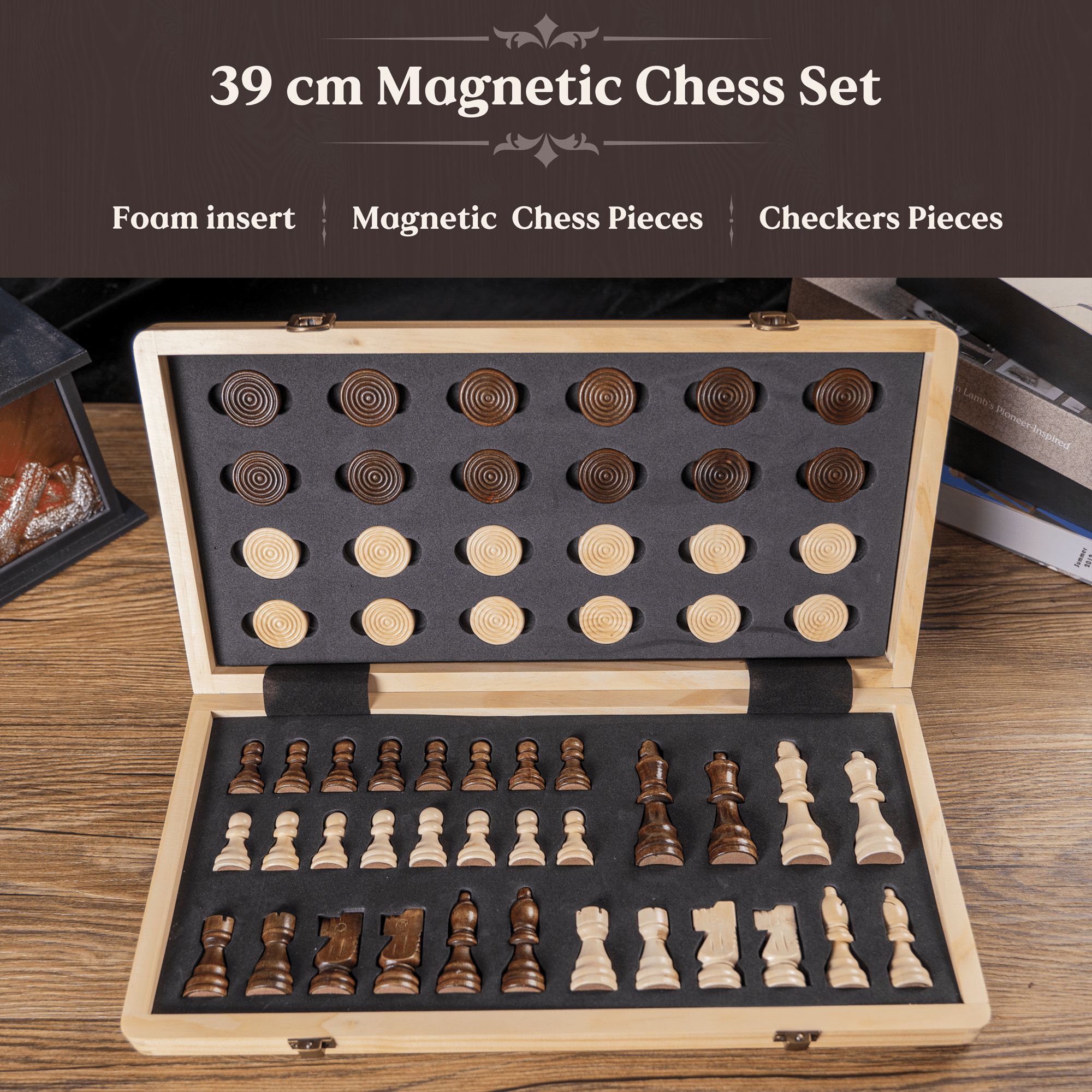 Portable Chess Board Foldable Magnetic Chess Game Board Game Foldable Chess Board Magnetic 2 in 1 Handmade Chess Toy and Gift for Children 39 x 39 cm