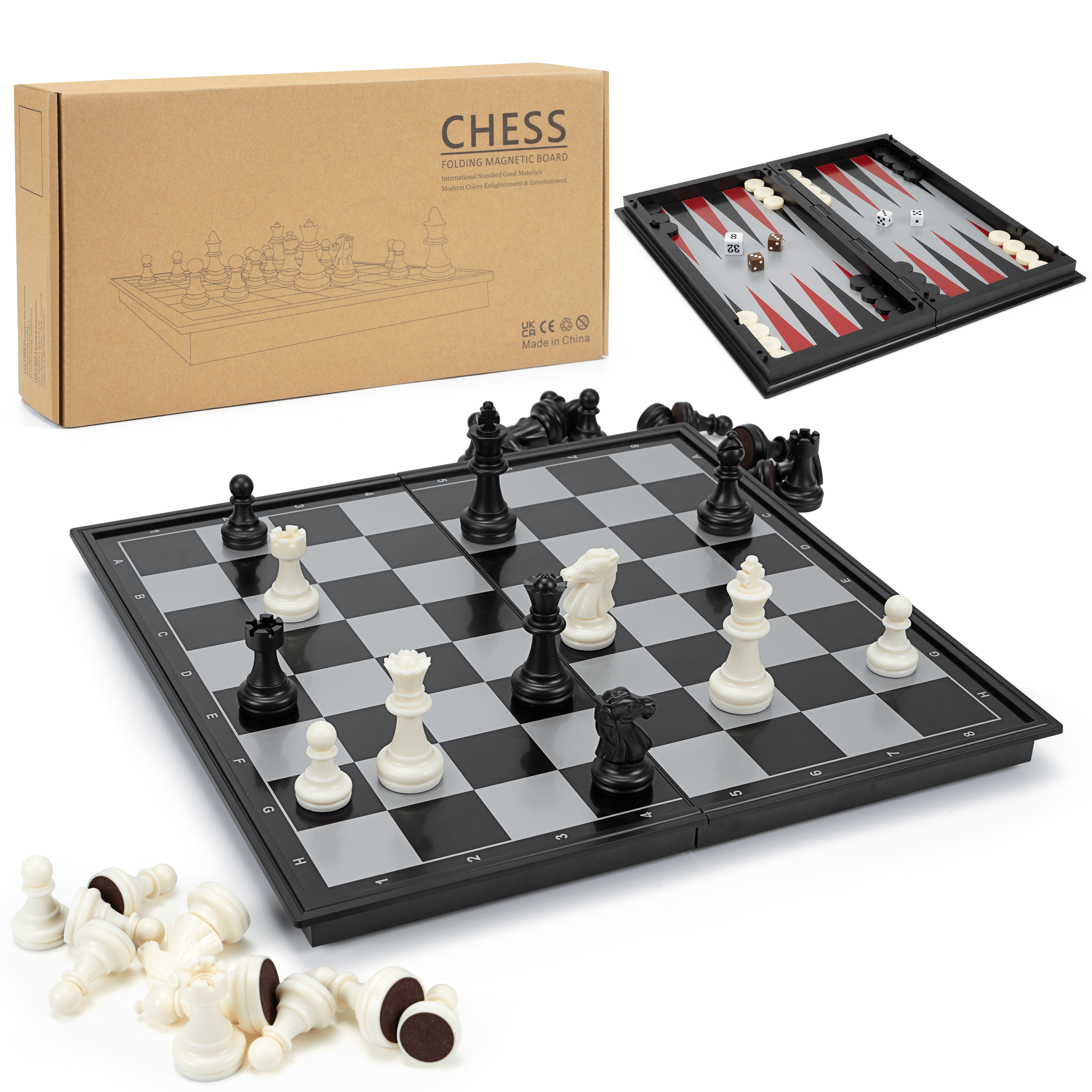 3-in-1 Magnetic Chess Game Educational Game for Kids - Travel Game, Black and White, Black and White