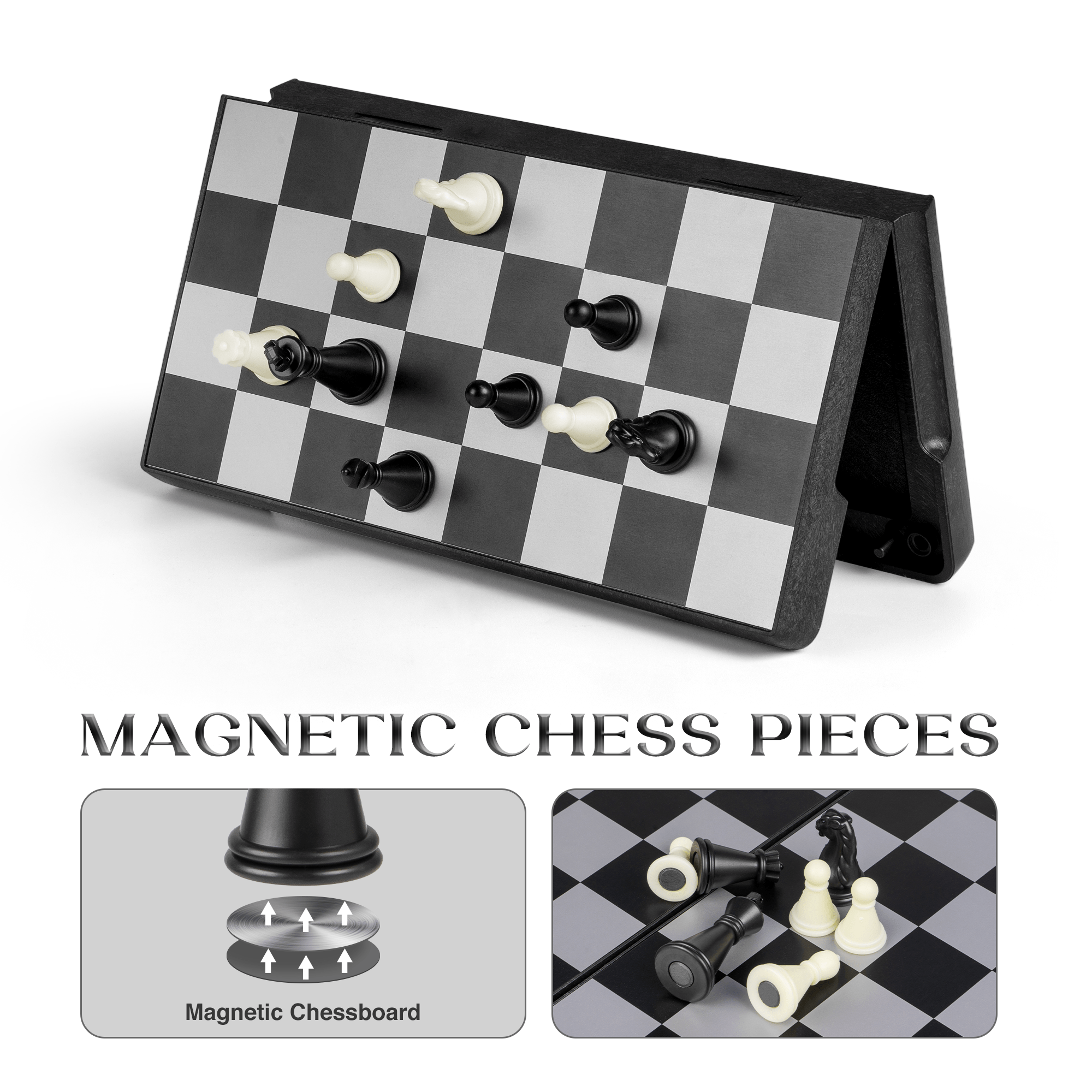 Mini Magnetic Chess Game - Travel Chess Board Foldable Chess Board Chess Travel Chess Magnetic Chess Computer for Children and Adults Travel, Black and White - (16 cm x 16 cm)