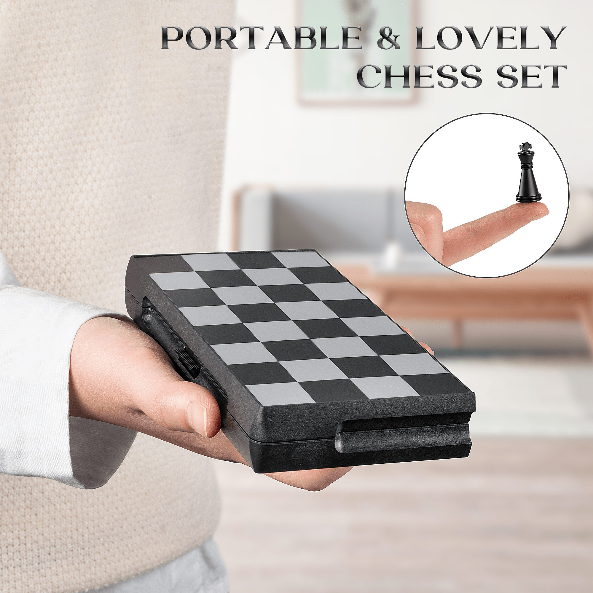 Mini Magnetic Chess Game - Travel Chess Board Foldable Chess Board Chess Travel Chess Magnetic Chess Computer for Children and Adults Travel, Black and White - (16 cm x 16 cm)