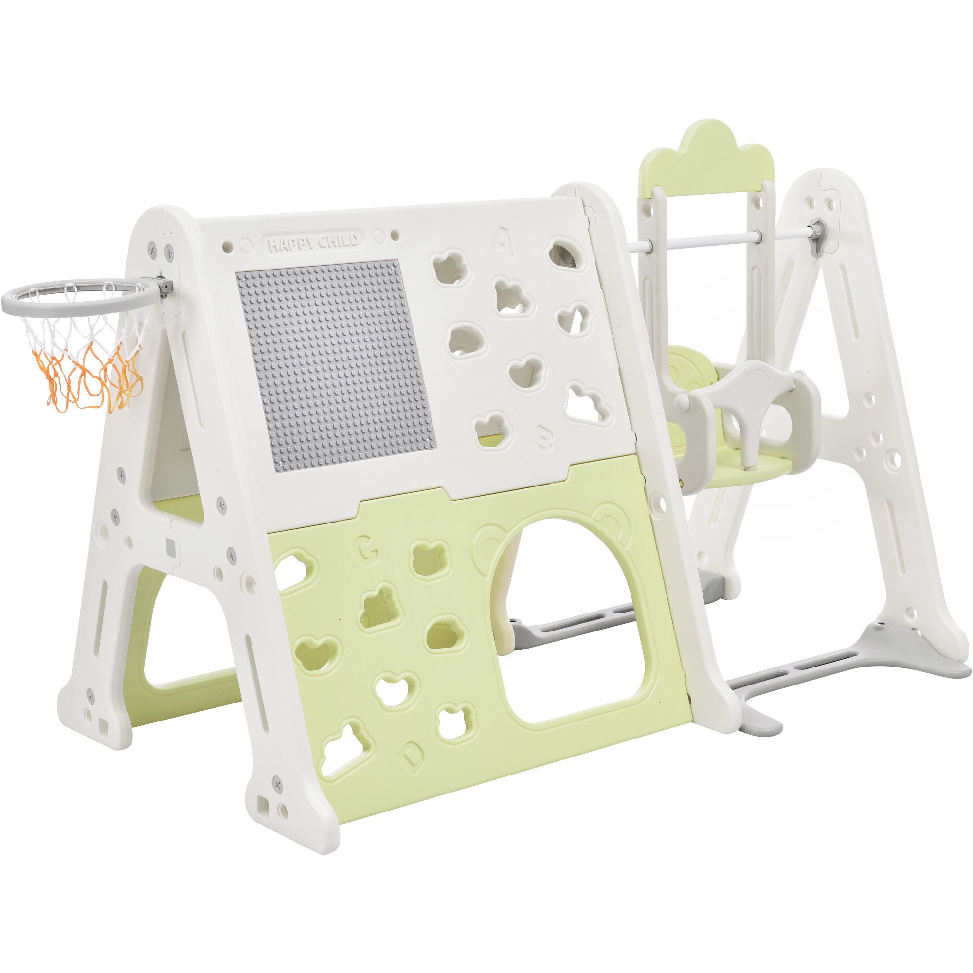 6-in-1 Toddler Climber and Swing Set Kids Playground Climber Swing Playset with Tunnel, Climber, Whiteboard,Toy Building Block Baseplates, Basketball Hoop Combination for Babies