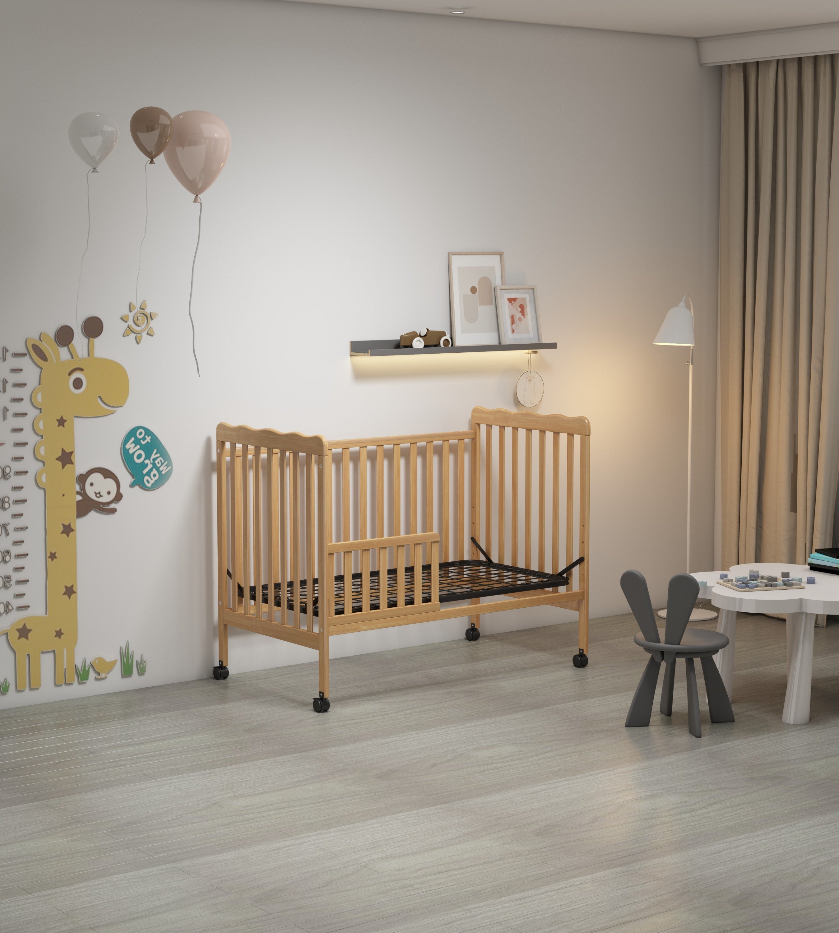 3-In-1 Convertible Crib In Natural, Made Of Sustainable Pinewood, Non-Toxic Finish, Comes With Locking Wheels, Wooden Nursery Furniture