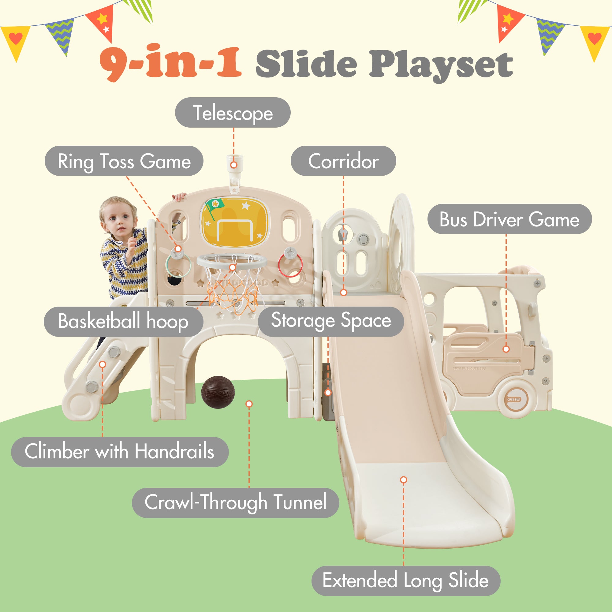 Kids Slide Playset Structure 9 in 1, Freestanding Castle Climbing Crawling Playhouse with Slide, Arch Tunnel, Ring Toss, Realistic Bus Model and Basketball Hoop, Toy Storage Organizer for Toddlers