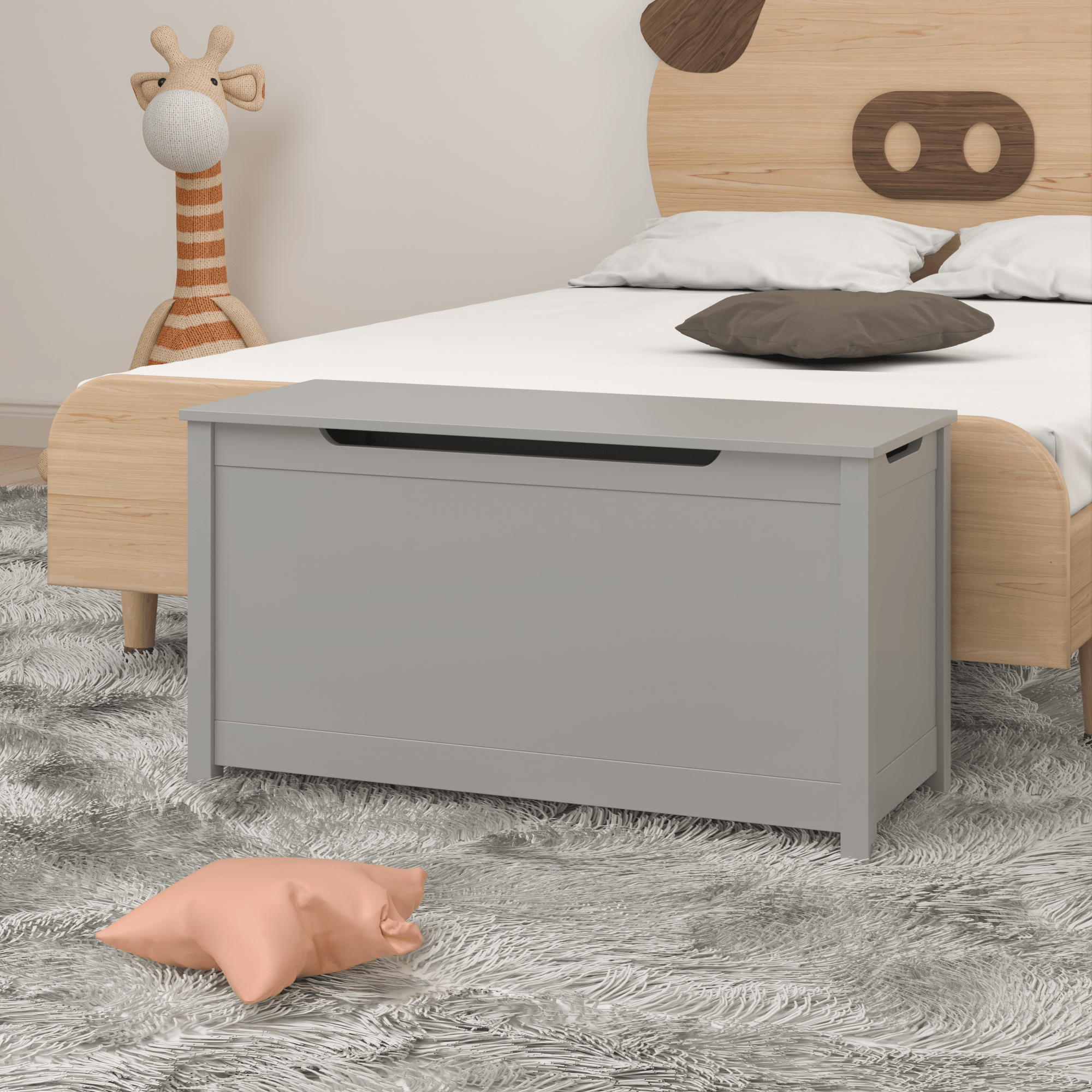Kids Wooden Toy Box Storage with Safety Hinged Lid for Ages 2+ (Gray)