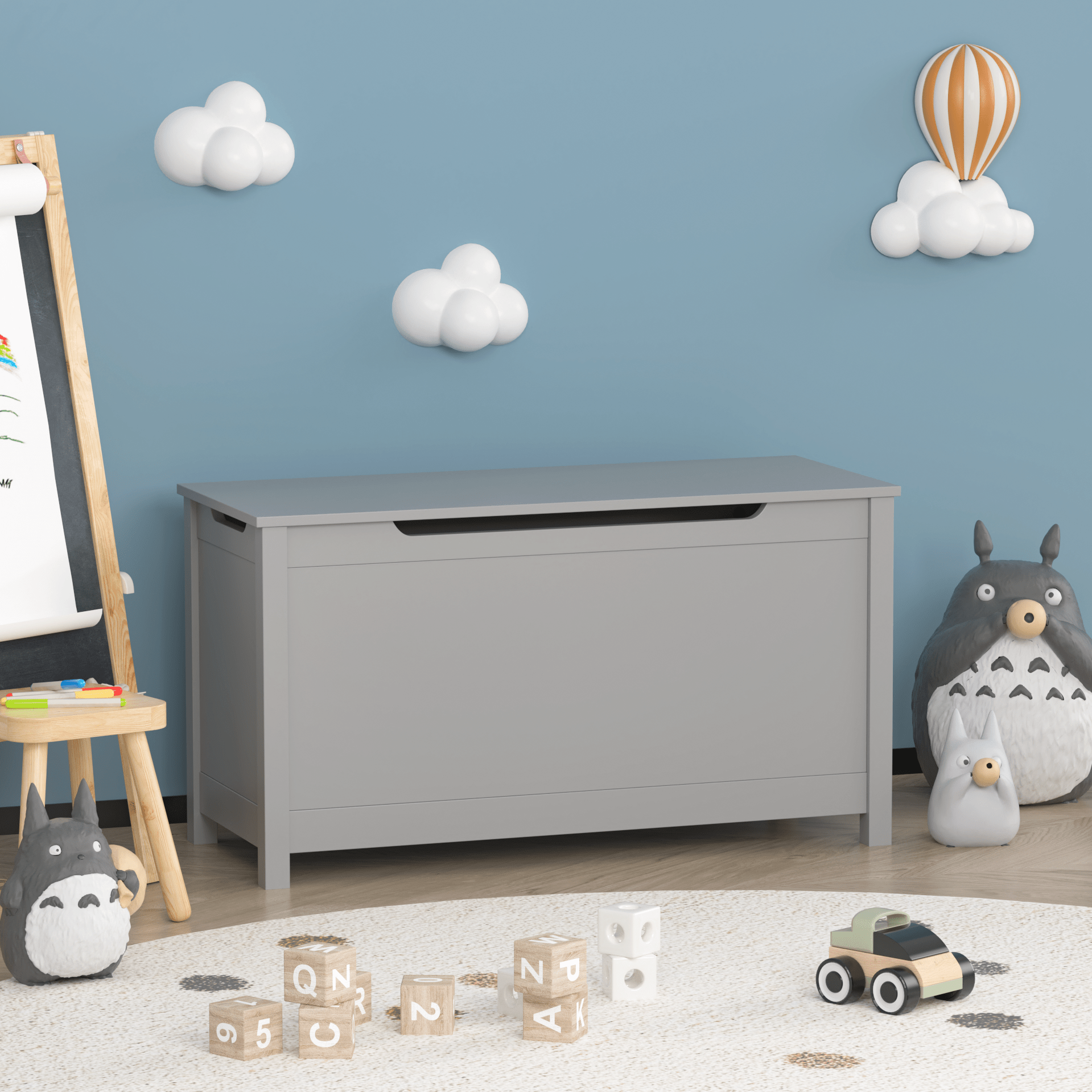 Kids Wooden Toy Box Storage with Safety Hinged Lid for Ages 2+ (Gray)
