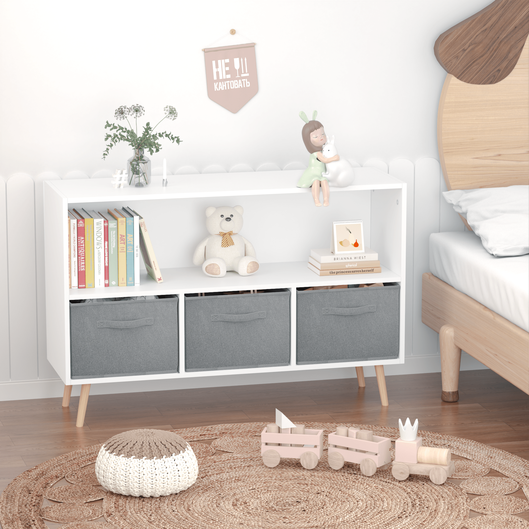 Kids bookcase with Collapsible Fabric Drawers, Children's Book Display, Toy Storage Cabinet Organizer, White/Gray