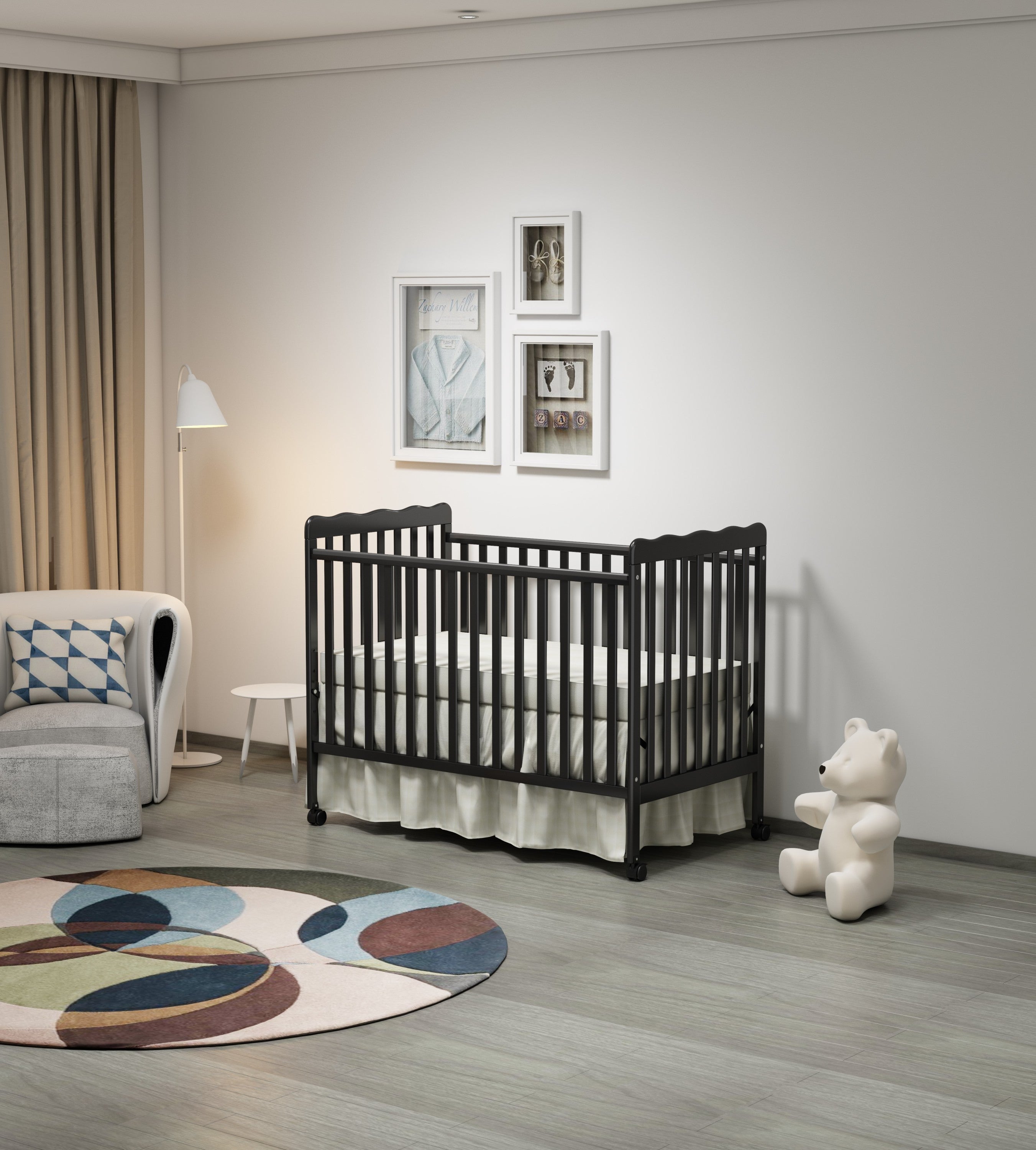 3-In-1 Convertible Crib In Storm BLACK, Made Of Sustainable Pinewood, Non-Toxic Finish, Comes With Locking Wheels, Wooden Nursery Furniture
