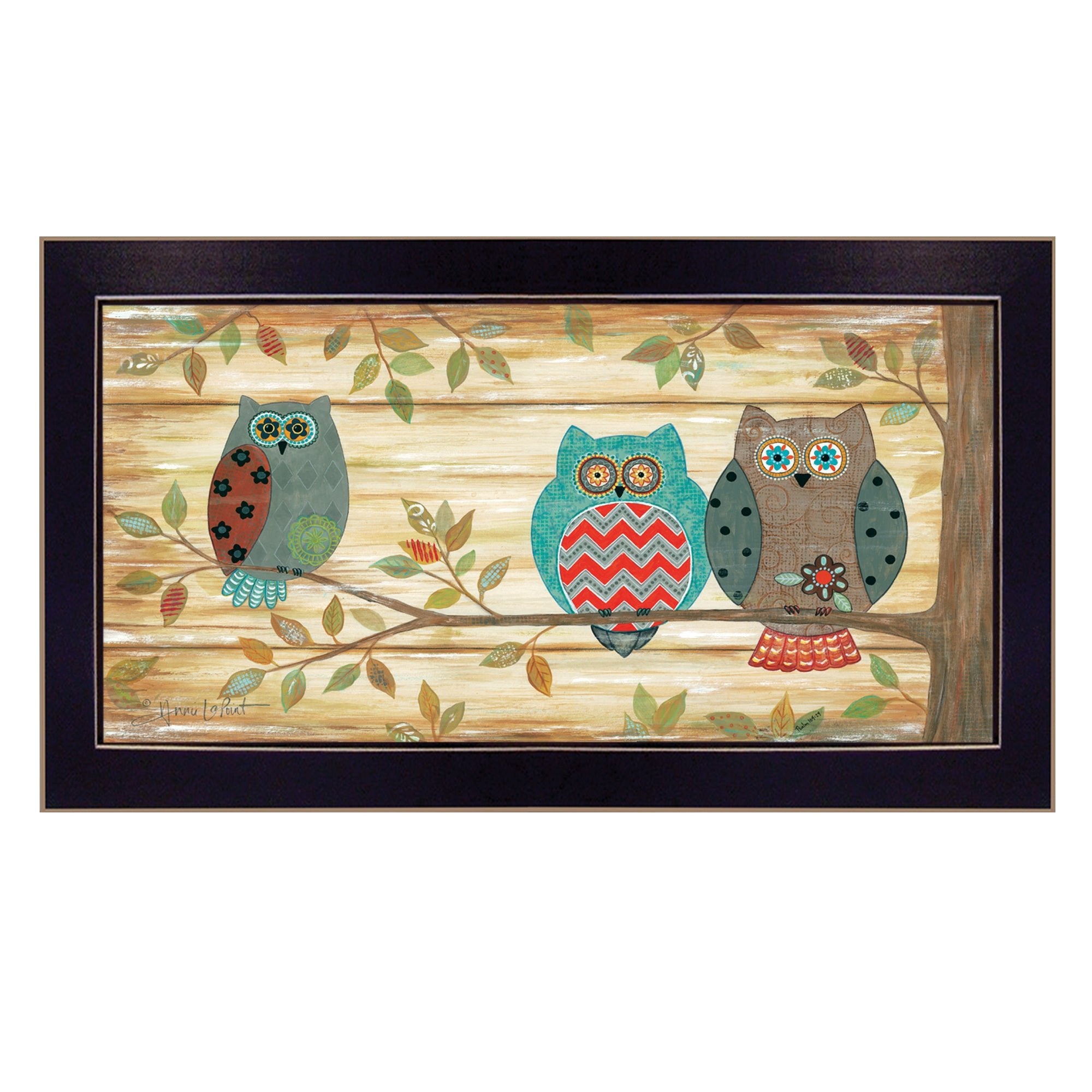 "Three Wise Owls" By Annie LaPoint, Printed Wall Art, Ready To Hang Framed Poster, Black Frame