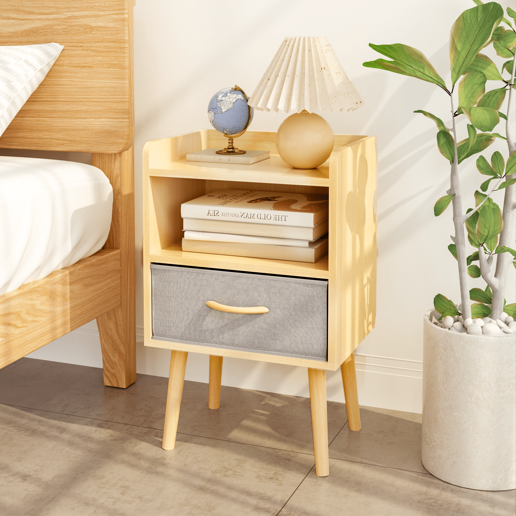 Nightstand With Collapsible Fabric Drawer, 2-Tier Storage End Table, Wood Side Table with Storage Cabinet for Bedroom, Living Room - Oak