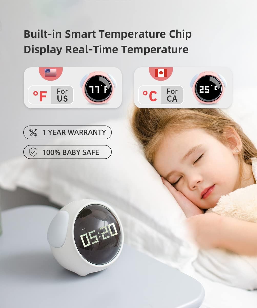 Kids Alarm Clock, Dual Alarm Setting, Adjustable Brightness Night Light, Voice-activated,Temperature Detection, Wake-up Alarm Clock, Toy and Gift for Toddler, Children, Students, Boys&Girls