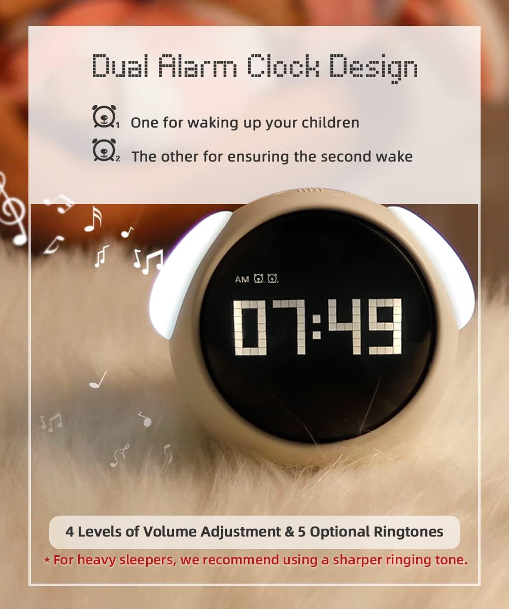 Kids Alarm Clock, Dual Alarm Setting, Adjustable Brightness Night Light, Voice-activated,Temperature Detection, Wake-up Alarm Clock, Toy and Gift for Toddler, Children, Students, Boys&Girls