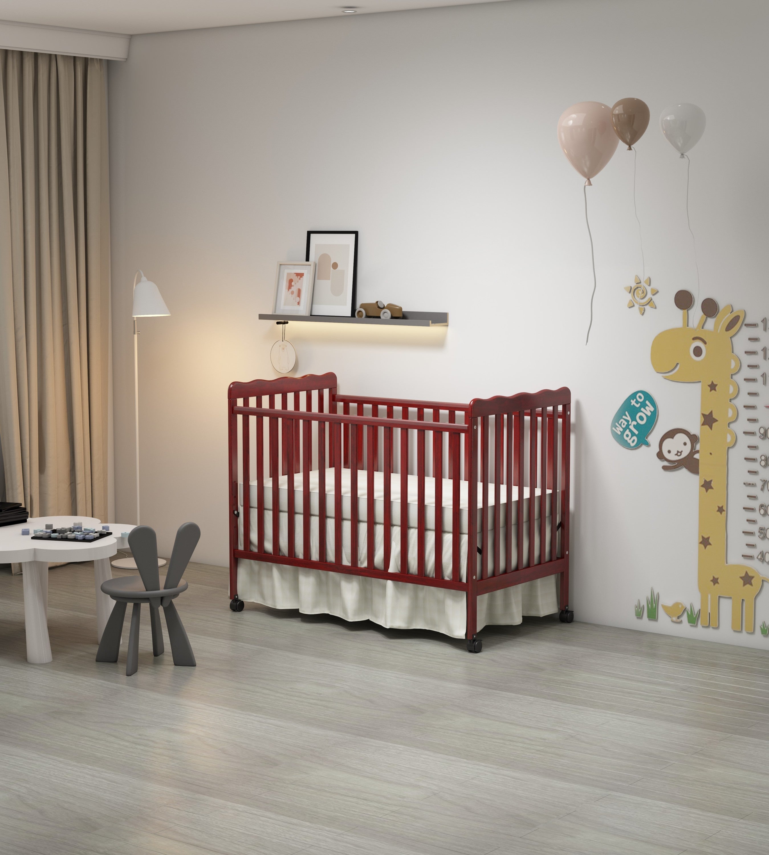 3-In-1 Convertible Crib In Cherry, Made Of Sustainable Pinewood, Non-Toxic Finish, Comes With Locking Wheels, Wooden Nursery Furniture