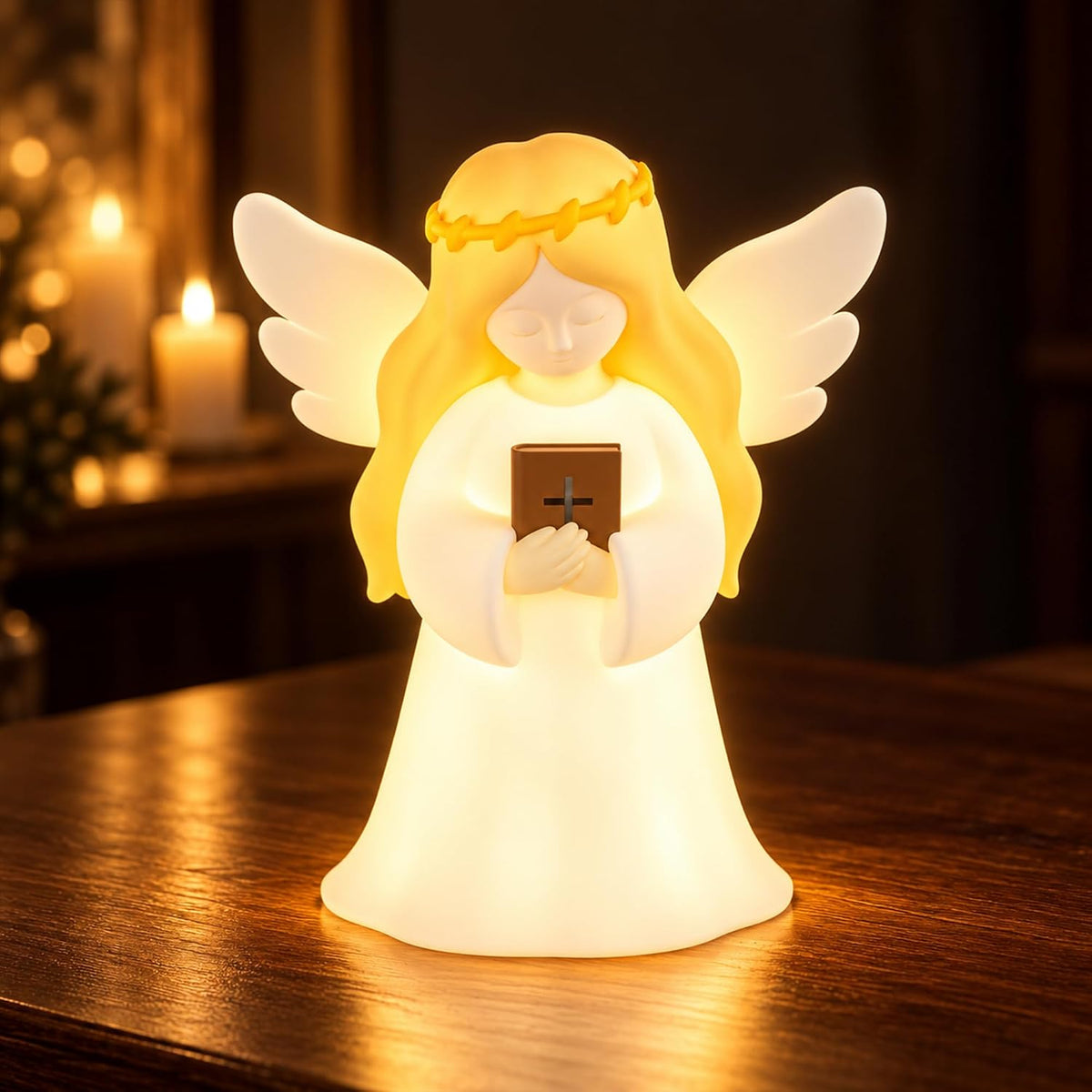 Angel Night Light with NFC Bible Verses, Bible-Holding Figurine Christian gift for women with 3 guided breathing patterns, 4 light modes, a rechargeable battery and an auto-off timer