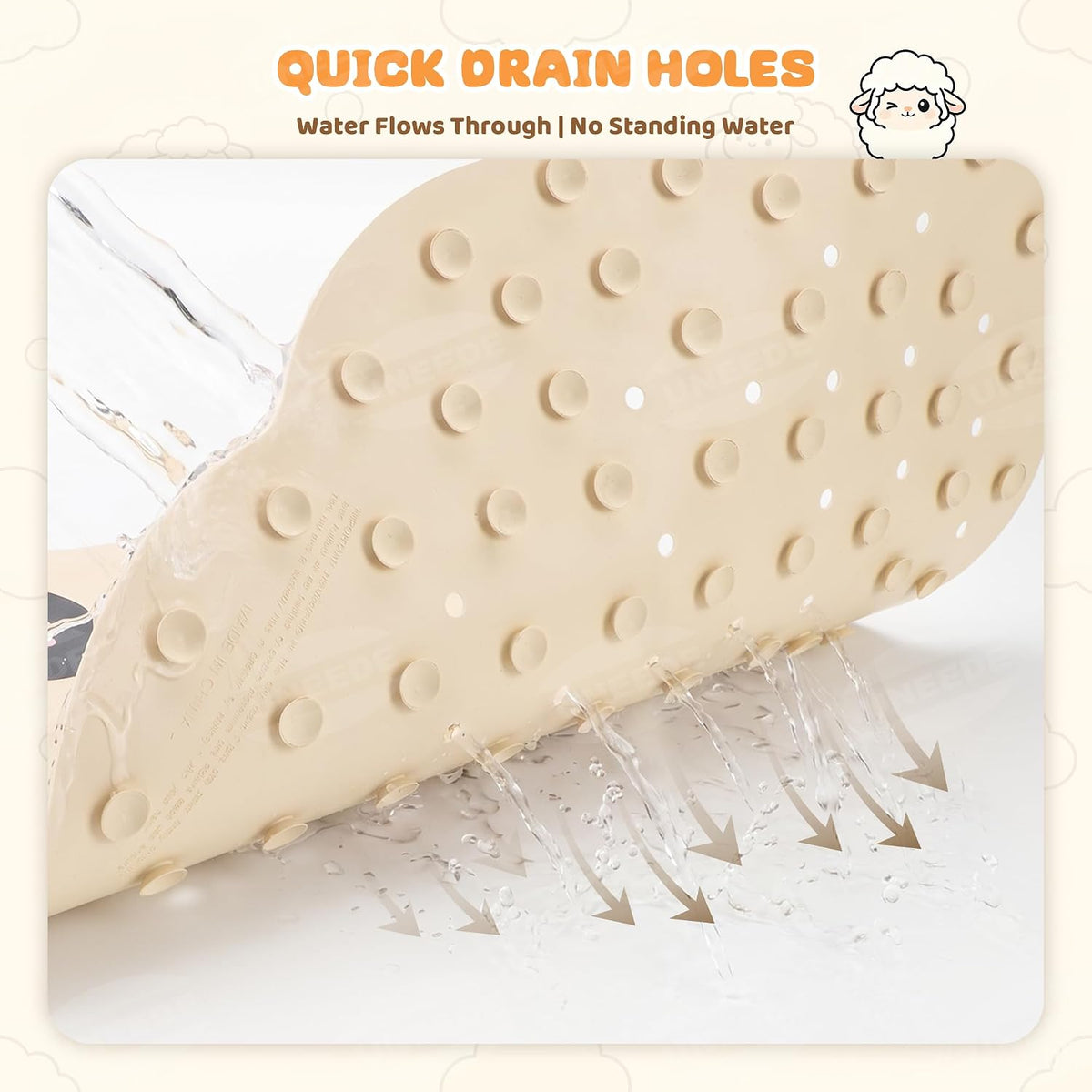 Non Slip Bathtub Mat for Kids Natural Rubber Toddler Bath Mat with 113 Suction Cups and 46 Drainage Holes, Machine Washable Bath Essential, 27.5x15.7 Beige