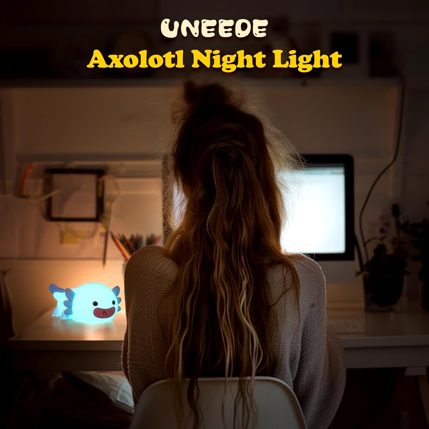 UNEEDE Blue Axolotl Night Light for Kids,Animal Silicone Nursery Night Lamp, Rechargeable Table Lamp Bedside Lamp,Cute Room Decor Night Light for Bedroom,Living Room,Dining,Desk Decorations,Gift