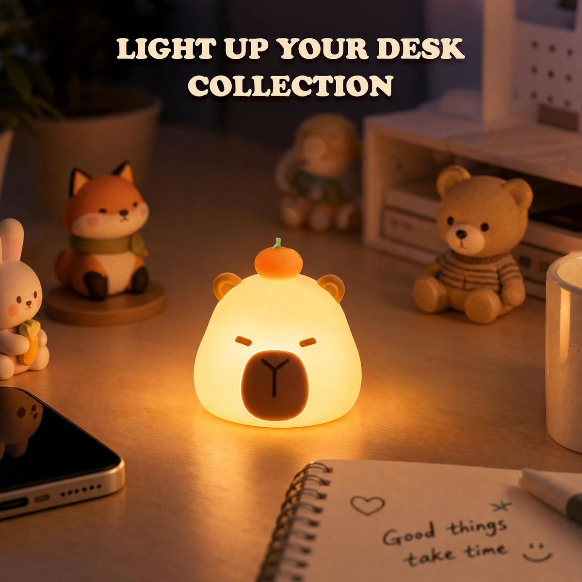 Mini Capybara Night Light with Lanyard, 8 Color Changing Rechargeabl Portable Mini Kids Night Light , Soft Silicone Cute Lamp for Bedroom & Camping, Capybara Gifts