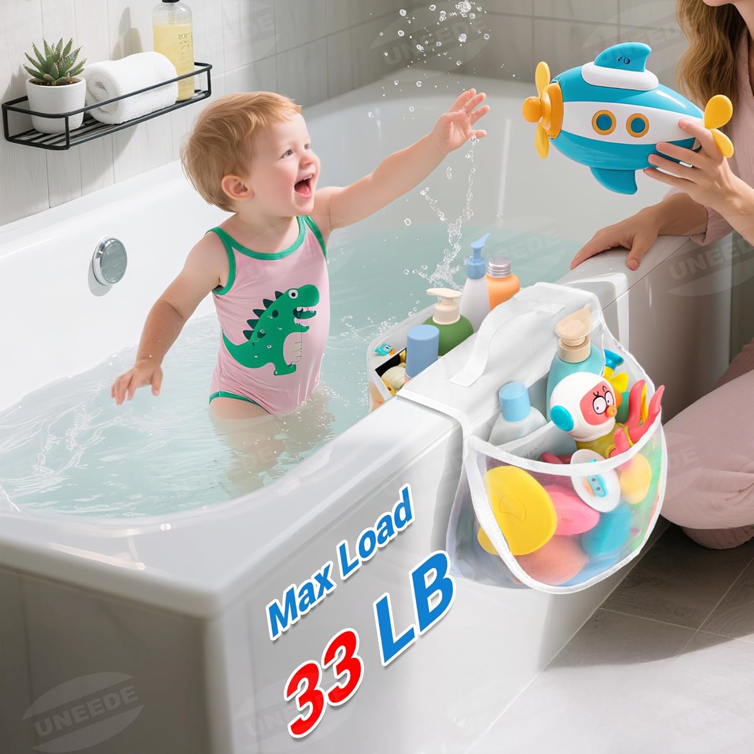 UNEEDE Bath Toy Storage Saddle Shape 2 Compartments,Quick Access丨Wide Opening Bathtub Toy Organizer for Tub,Nylon Mesh Shower Holder and Tub Storage Organizer for Kids,Easy to Clean and Install