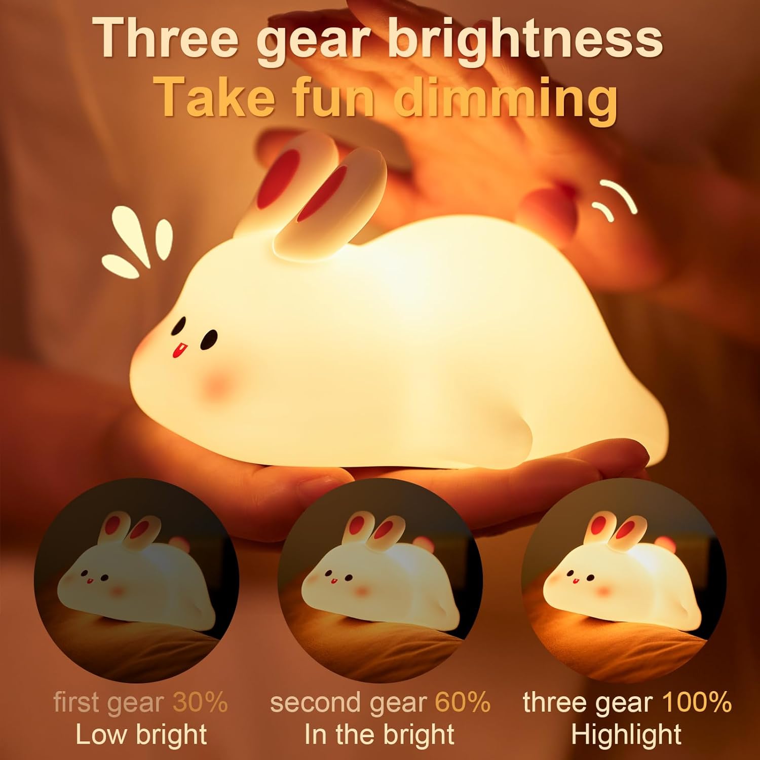 UNEEDE Rabbit Night Light for Kids,Cute Silicone Baby lamp, Dimmable Light up Bunny, Nursery Night lamp,Rechargeable Bunny Nightlight, Bedside Lamp for Breastfeeding