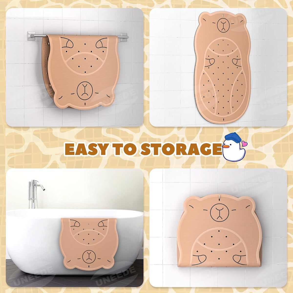 Kids Bathtub Mat Non Slip, Soft Rubber Shower Mat for Toddler Machine Washable Bath Mat with 100+ suction cups and 50+ Drainage Holes, 30"x18" Cute Capybara Design, Baby Bath Essentials
