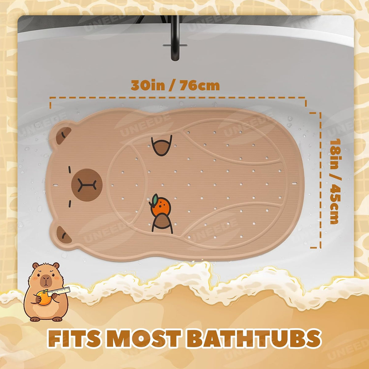 Non Slip Bathtub Mat for Kids Cute Capybara Baby Bath Mat for Tub with 100+ Suction Cups, Soft Rubber Washable Bath Mat, 30x18 Inches
