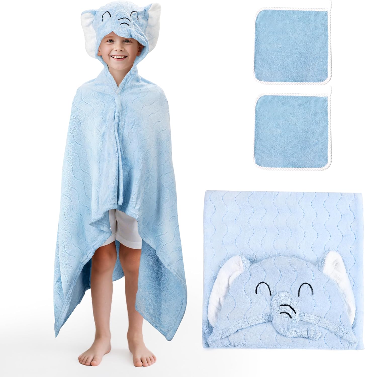 UNEEDE Blue Elephant Bath Hooded Towel for Kids,Extra Soft and Fast Drying Poncho for Toddlers Age 3-10,Kids Beach Hooded Towel Polyester Size 31 x 47 in,Machine Washable Poncho for Bath Beach Pool