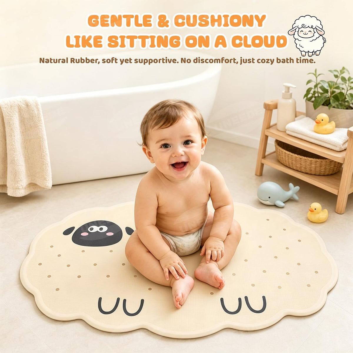 Non Slip Bathtub Mat for Kids Natural Rubber Toddler Bath Mat with 113 Suction Cups and 46 Drainage Holes, Machine Washable Bath Essential, 27.5x15.7 Beige