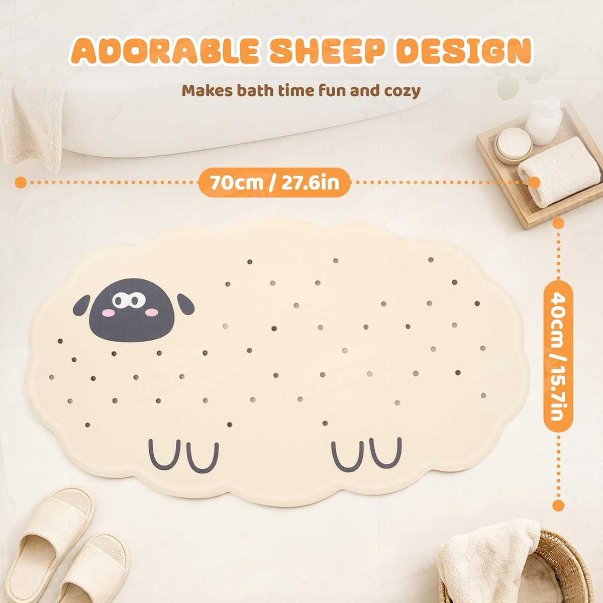 Non Slip Bathtub Mat for Kids Natural Rubber Toddler Bath Mat with 113 Suction Cups and 46 Drainage Holes, Machine Washable Bath Essential, 27.5x15.7 Beige
