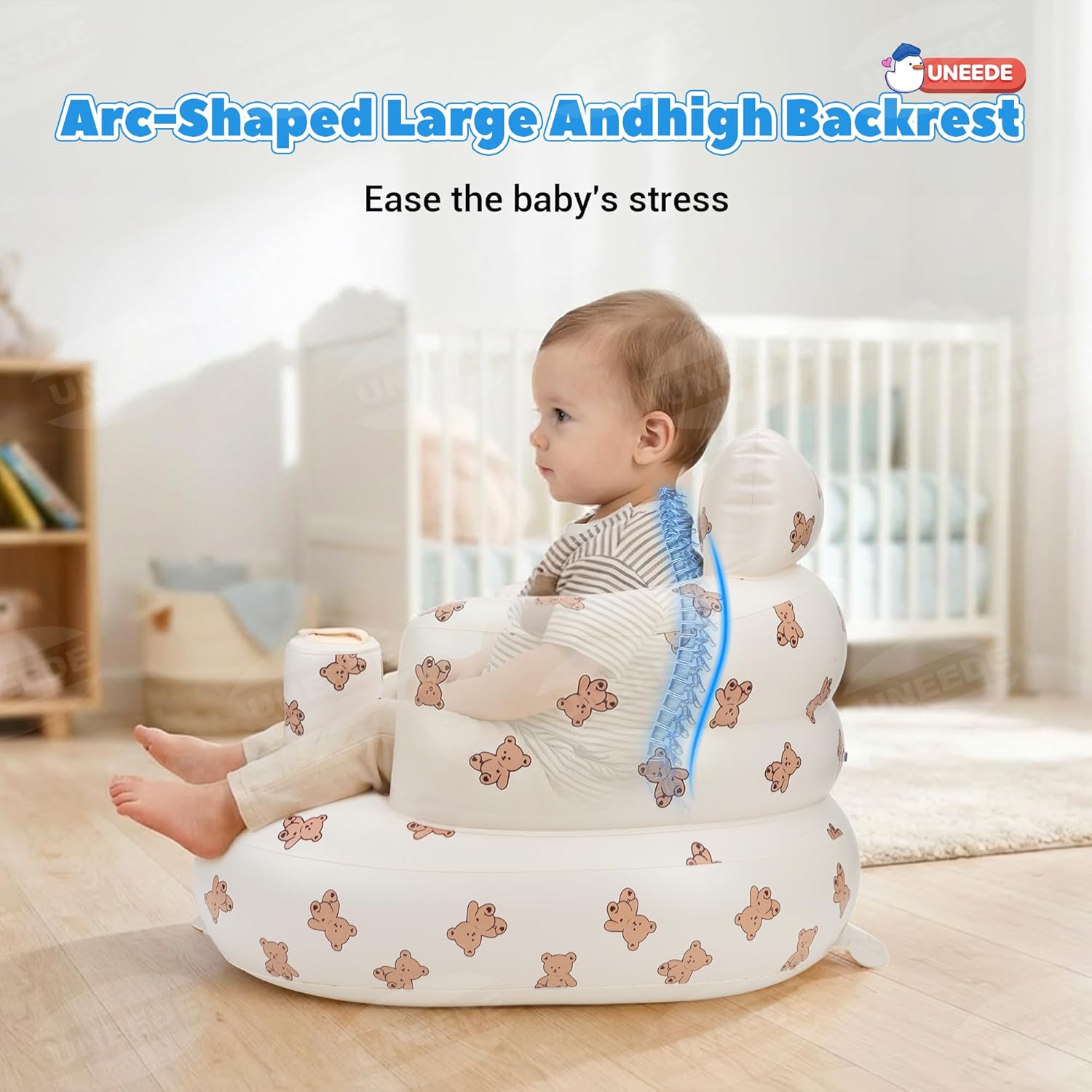 UNEEDE Inflatable Baby Seat for 3 Months & Up, Infant Floor Chair for Sitting Up with Built in Air Pump, Lightweight Travel Baby Bath Seat for Home, Camping, Beach & Outdoor