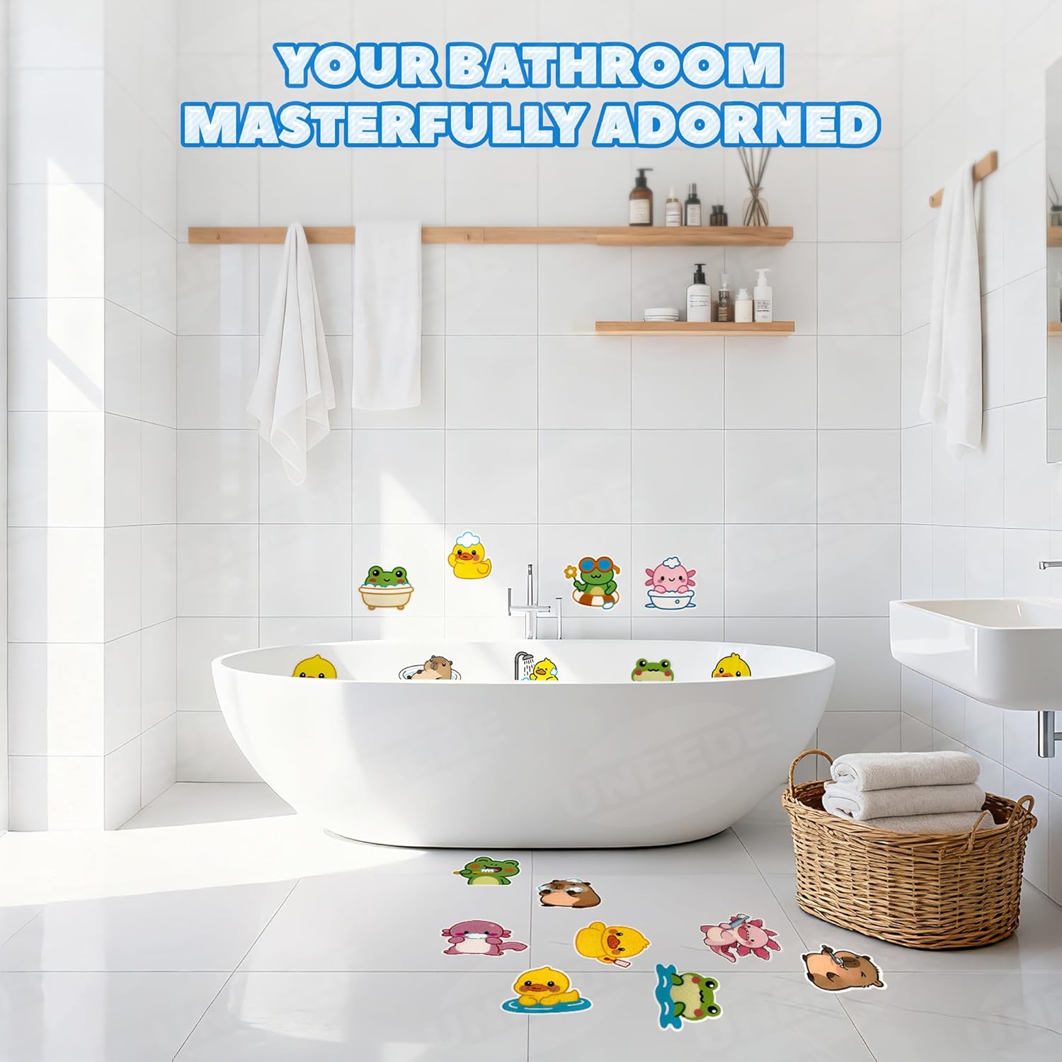 UNEEDE Bathtub Non Slip Stickers, 17-Pack Cute Axolotl, Duck, Capybara, Frog Decals, Shower Floor Non Slip Stickers, Textured Surface Anti Slip Shower Stickers, Safety Grip with Premium Scraper