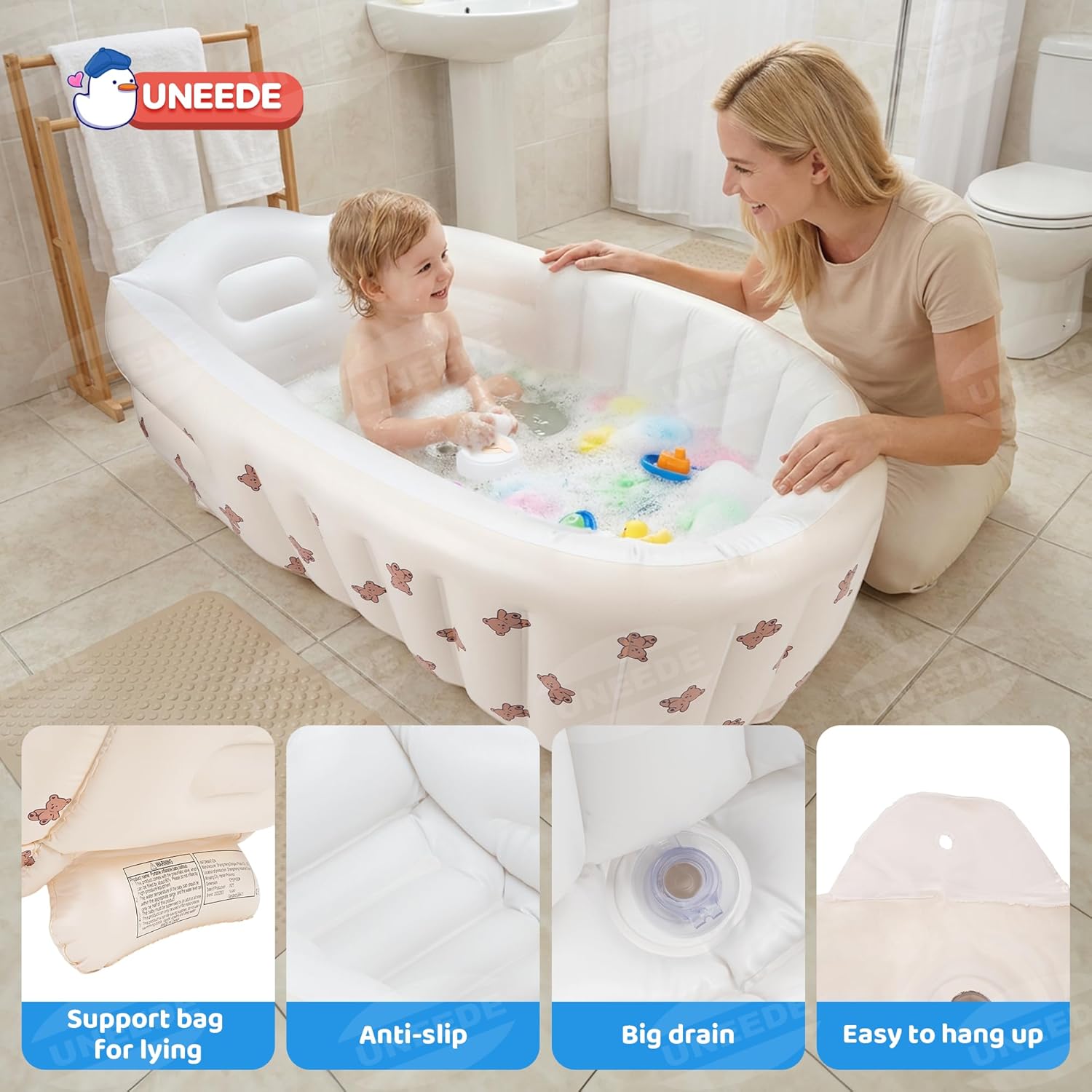 UNEEDE Inflatable Bathtub for Toddlers, Portable Baby Tub with Built-in Air Pump, Anti-Slip Design with Big Drain, Perfect for 0-6 Months Newborn and up, Ideal for Home Travel & Beach