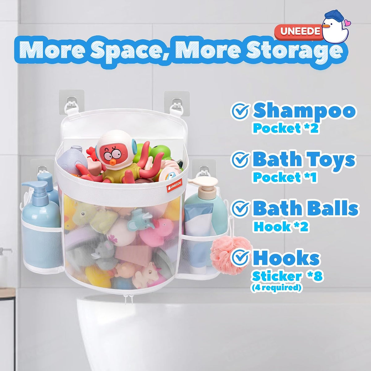 4.5 Gallons Bath Toy Storage with 2 Side Pockets, Quick-Dry Mesh Organizer Large-Opening Bath Toy Holder with Bottom Zipper for Easy Access, Space-Saving Organizer for Kids Bathtubs